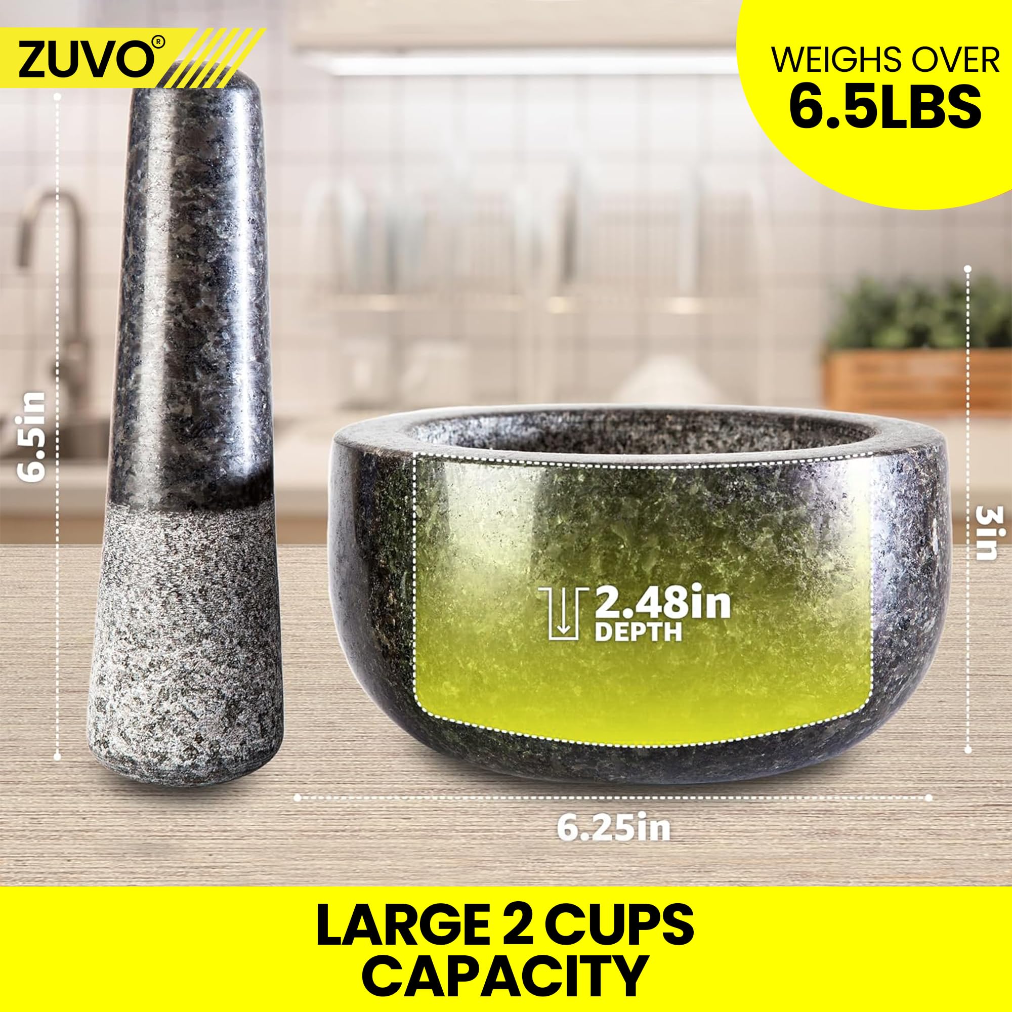 Zuvo Stone Mortar & Pestle Set - Premium Natural Stone | Black Finish | 3.56 kg 2