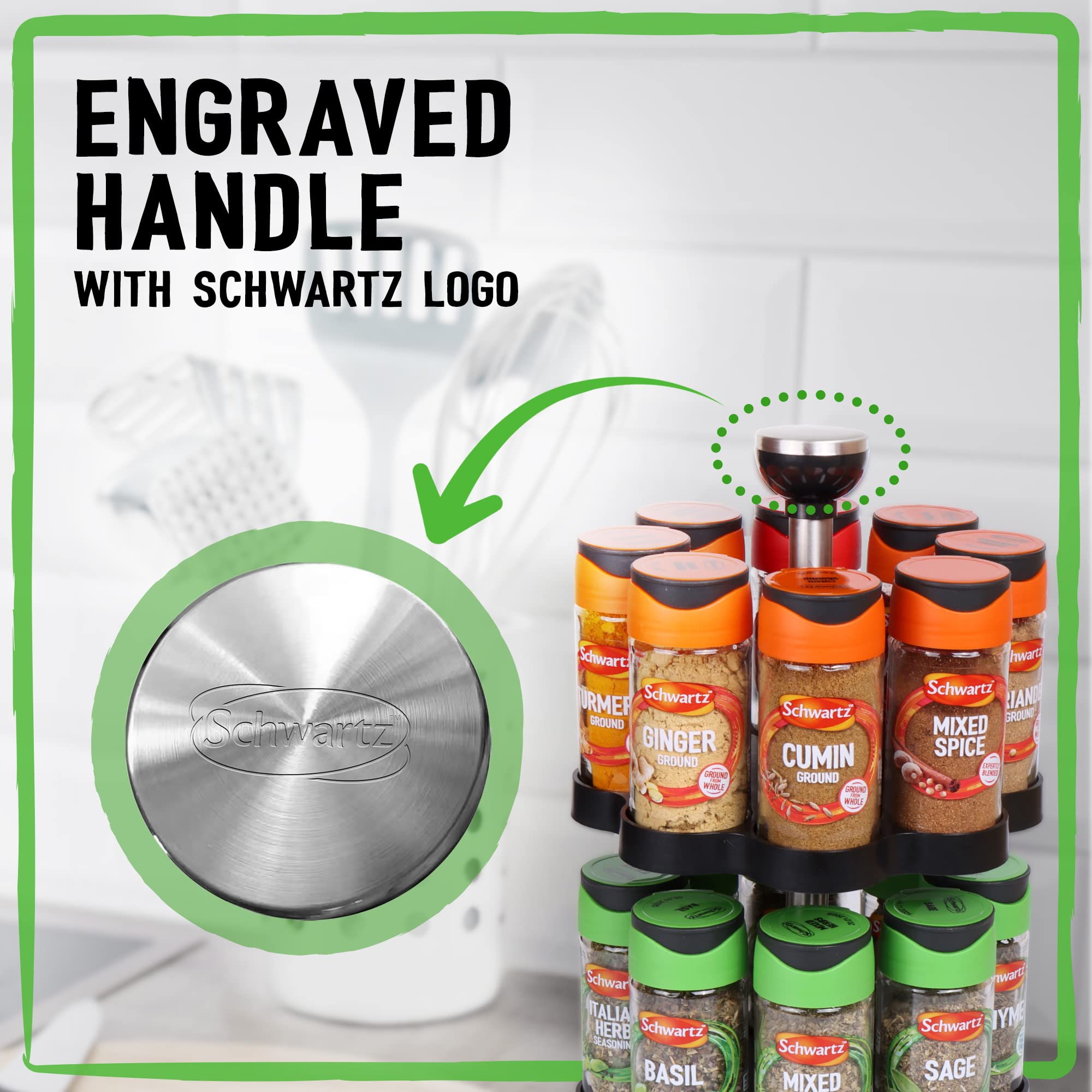 Schwartz Rotating Spice Rack with 16 Pre-filled Herb and Spice Jars | Space Saving Stainless Steel 6