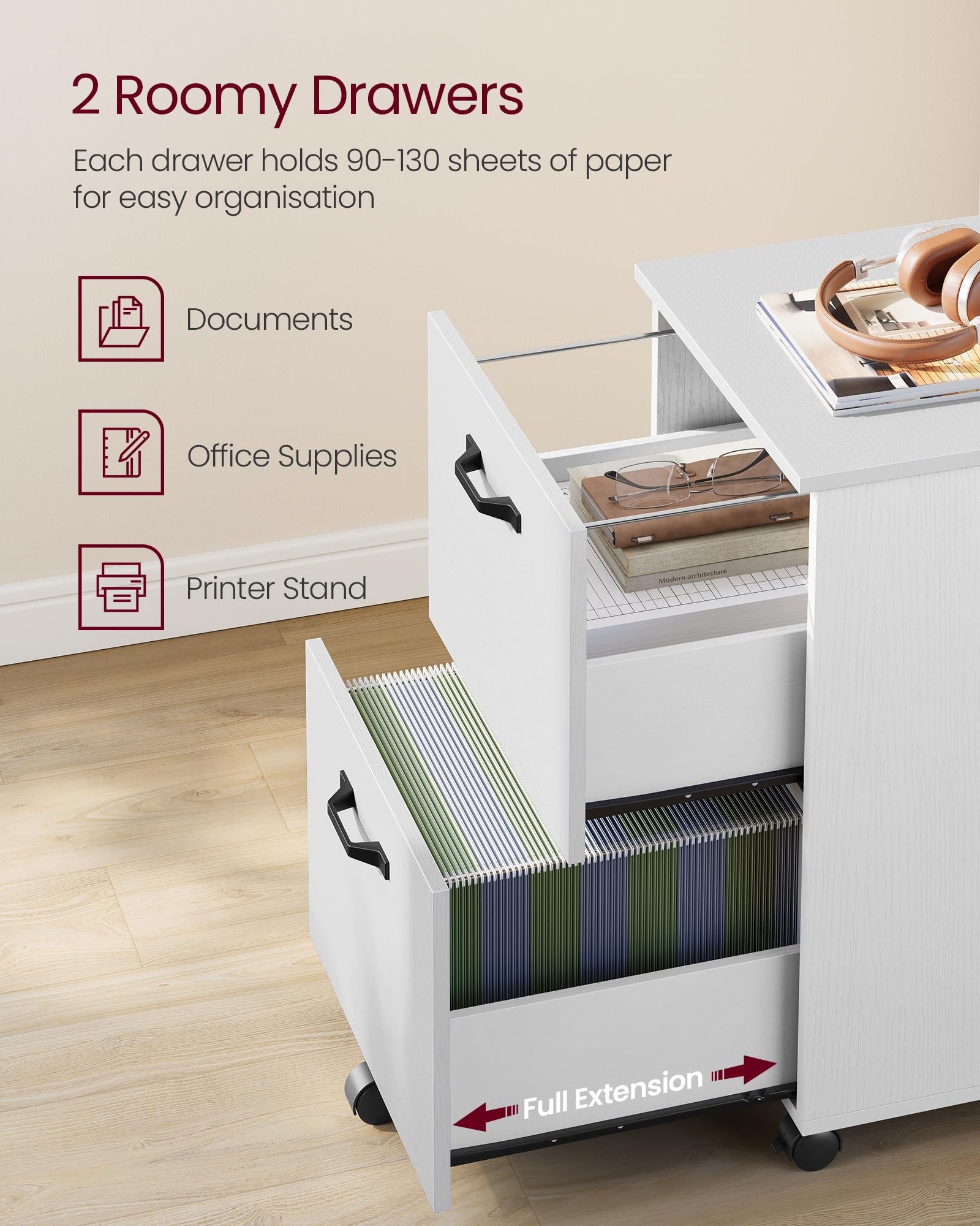VASAGLE 2-Drawer Mobile File Cabinet - Rolling, Lockable, White | Fits A4/Letter Files 4