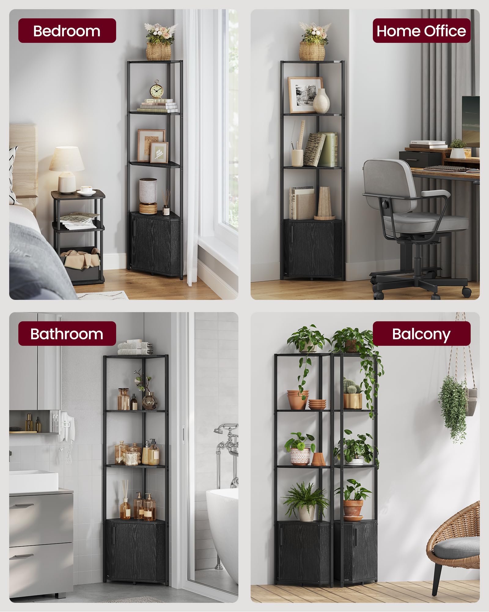 VASAGLE 5-Tier Corner Shelf with Storage Cabinet | Space-Saving Right-Angle Design | Ebony Black 4