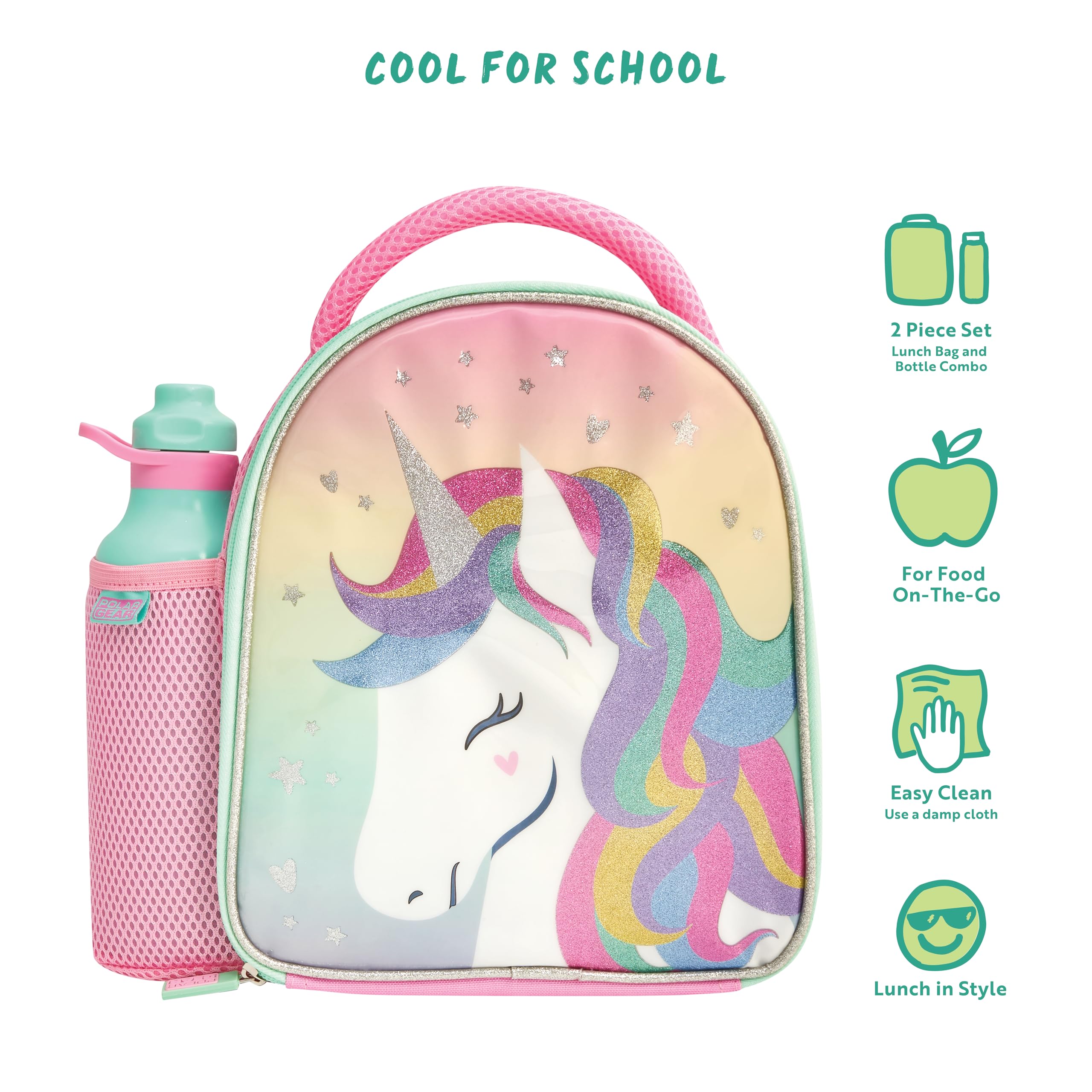 Polar Gear Glitter Unicorn Insulated Kids Lunch Bag with 600ml Water Bottle | Pink Polyester 4