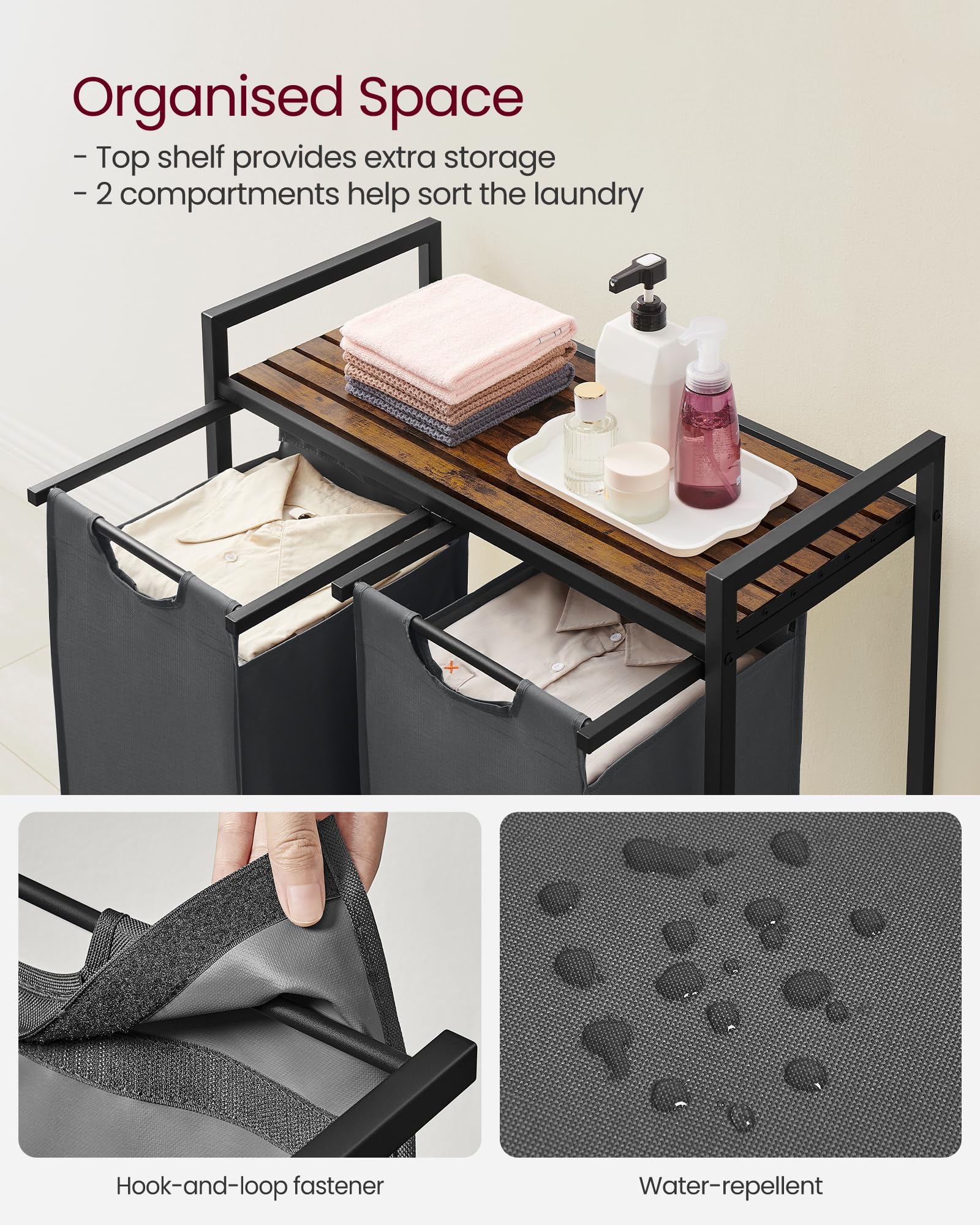 VASAGLE 2-Compartment Laundry Hamper with Shelf | 92 L Capacity | Rustic Brown & Grey 4