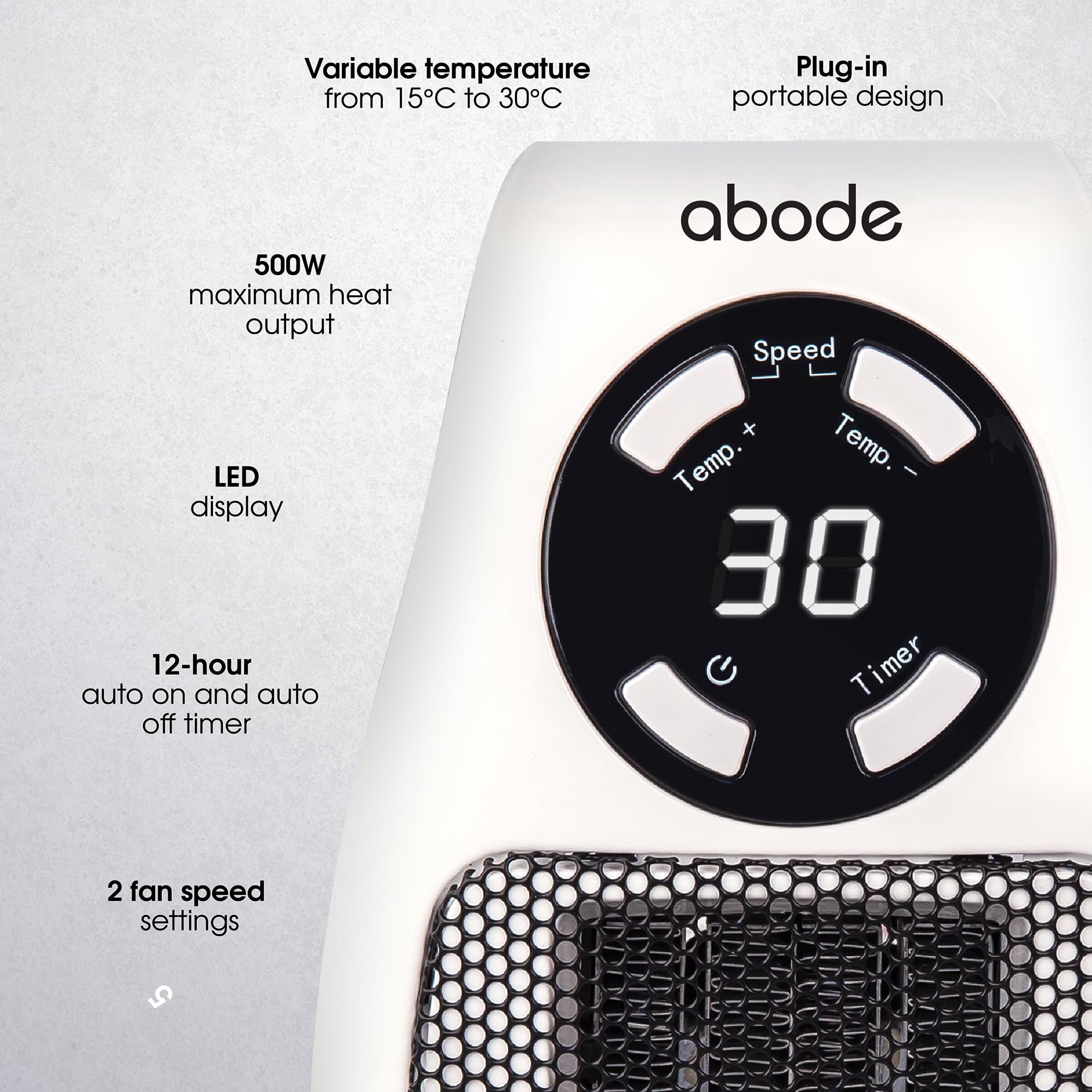 Abode 500W Compact Portable White Ceramic Plug-in Heater with 2 Heat Settings | 15°C-30°C | 12hr Timer 4