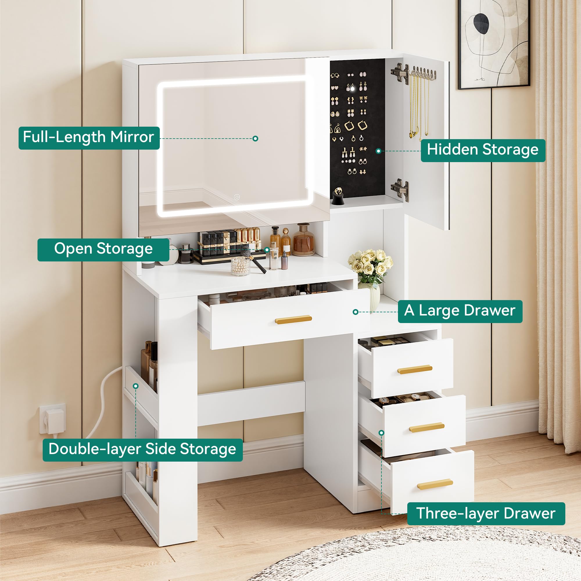 YITAHOME Dressing Table with Dual Mirror & LED Lights | White with 4 Drawers | 90x40x140cm 3