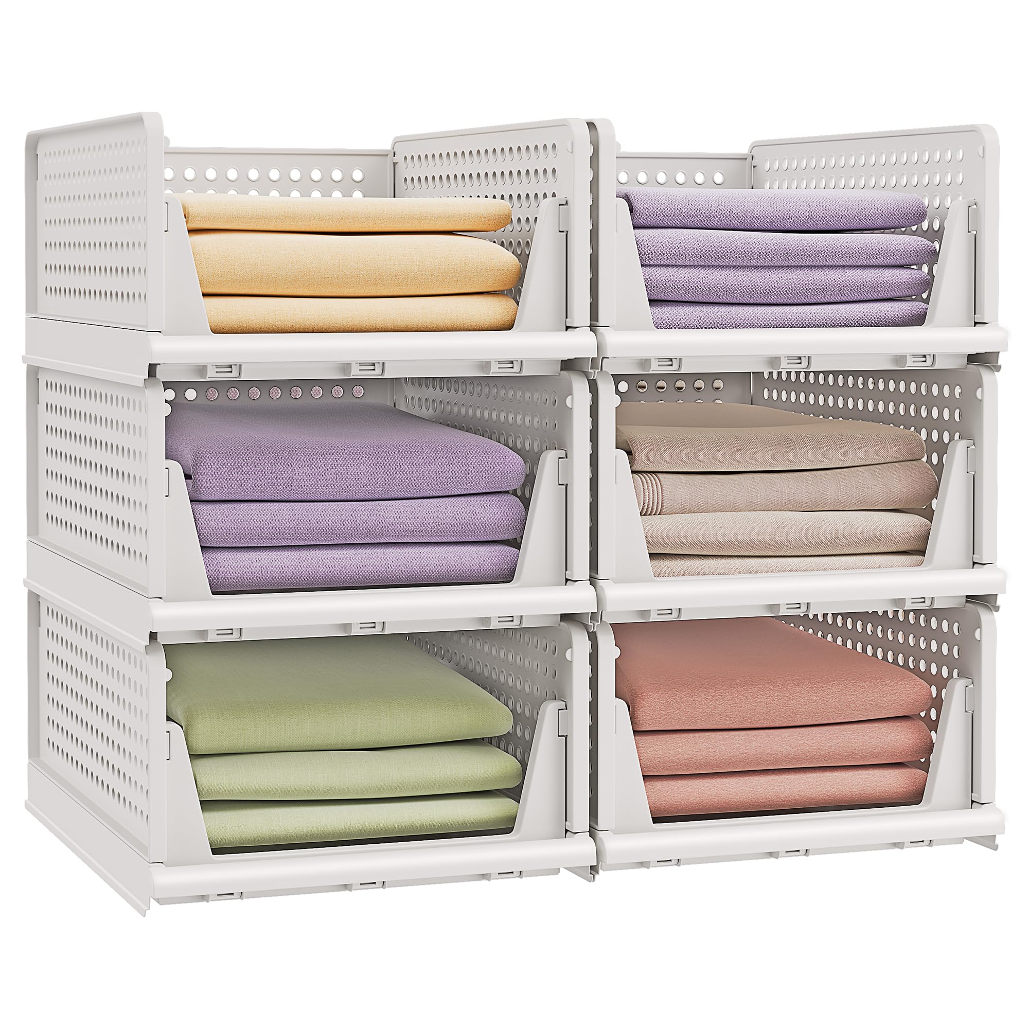 SONGMICS Stackable Wardrobe Storage - Set of 6 Foldable Closet Organisers | White Polypropylene 1