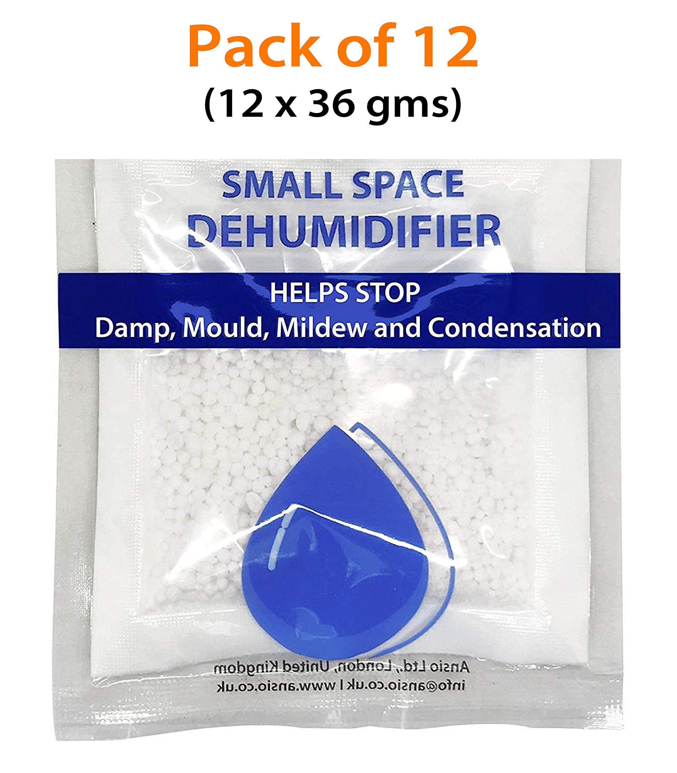 ANSIO Interior Dehumidifier Damp Absorber Sachets - Removes Humidity from Small Spaces | 12 x 36g Packs