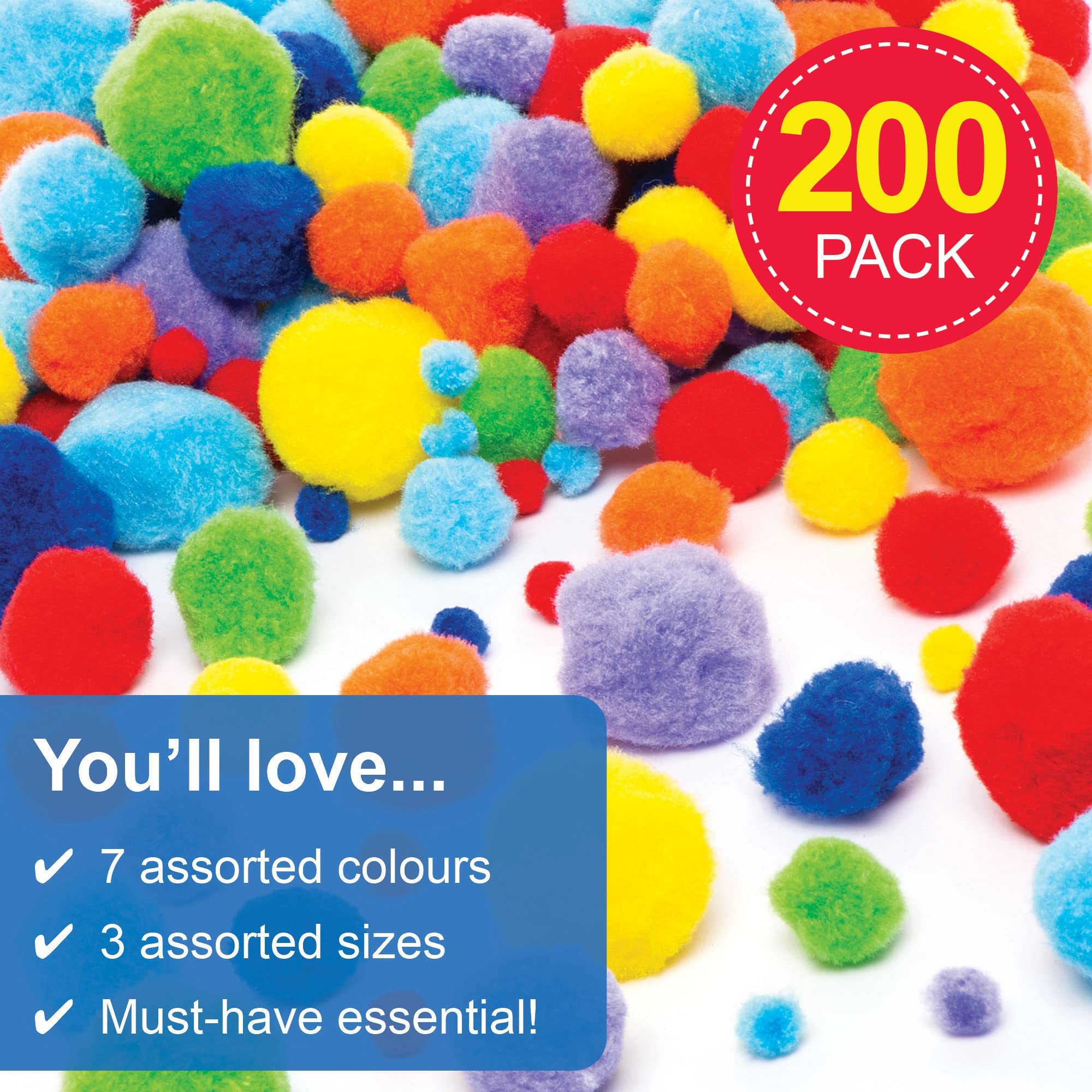 Baker Ross Rainbow Colours Pom Poms Value Pack - 200 Pieces | 3 Assorted Sizes | 7 Colours