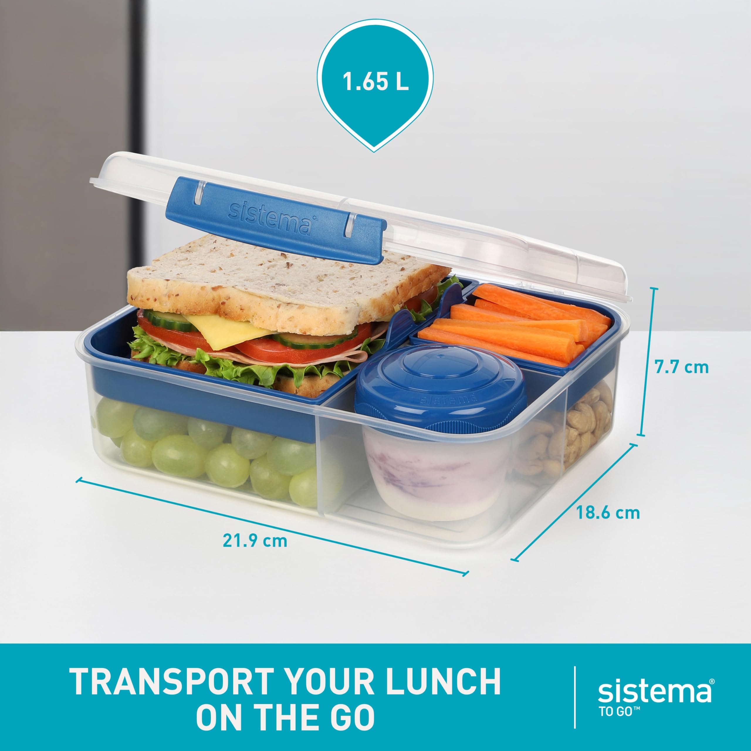 Sistema Bento Box Lunch Container - 1.65L Compartments, Hinged Lid | 2 Count Minty Teal & Ocean Blue