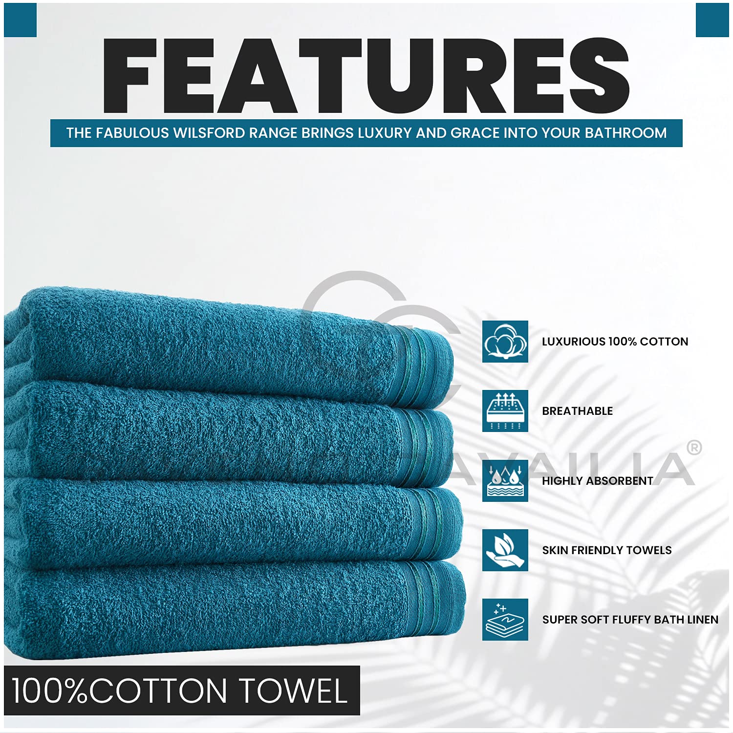 GC GAVENO CAVAILIA Wilsford Bath Sheet - 4 Pack Egyptian Cotton, 450 GSM, Teal, 75 x 135 cm 2