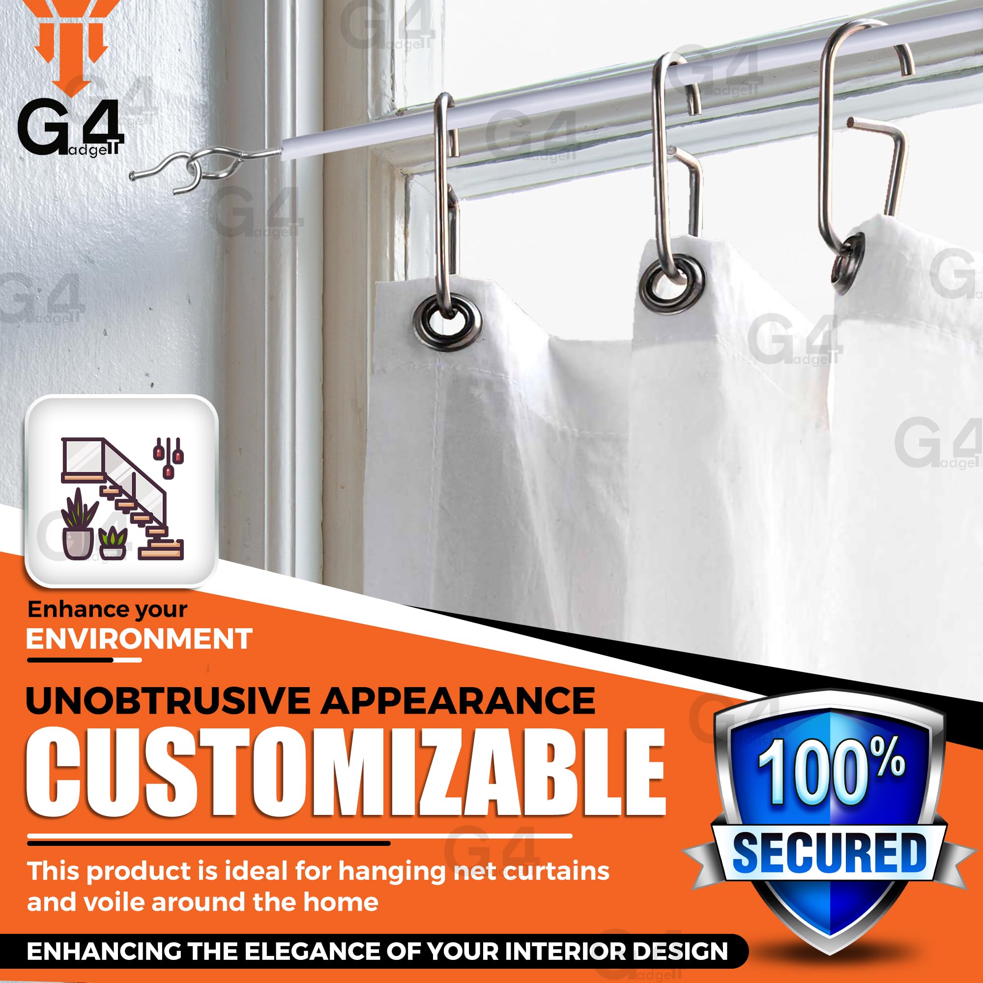 G4GADGET 3M Net Curtain Wire with 8 Hooks & 8 Eyes | Alloy Steel | White 6