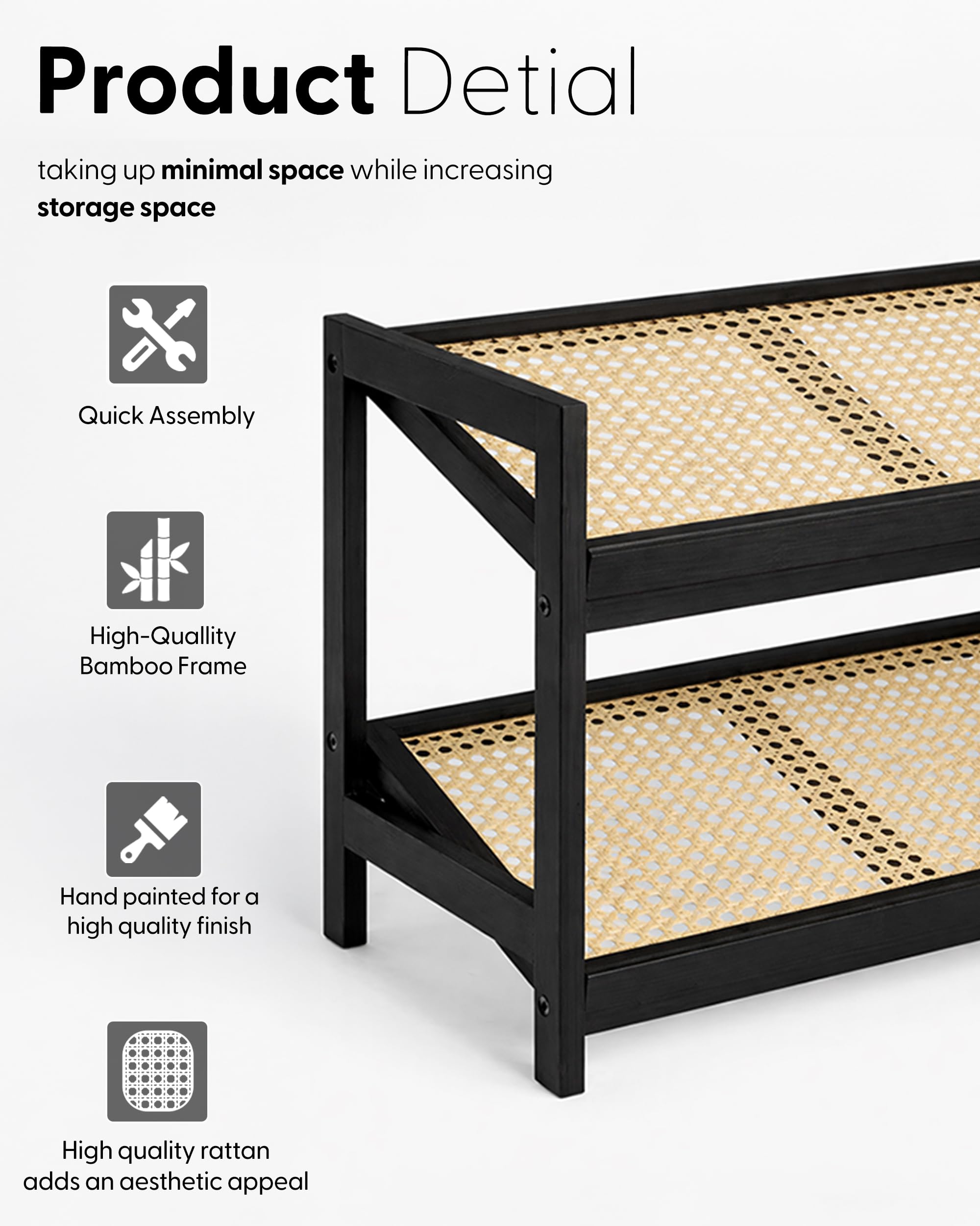 KEPLIN 4 Tier Bamboo and Rattan Shoe Rack - Natural/Black | 70x29x75 cm | Holds 12 Pairs 8