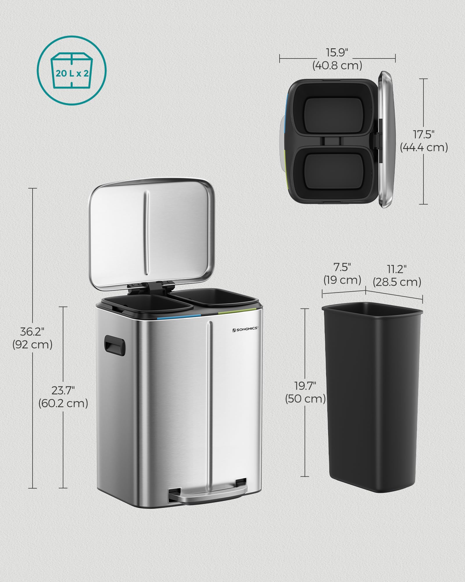 SONGMICS Double Rubbish Bin - 2 x 20L Dual Compartment Kitchen Waste Separation System | Metal Exterior 7