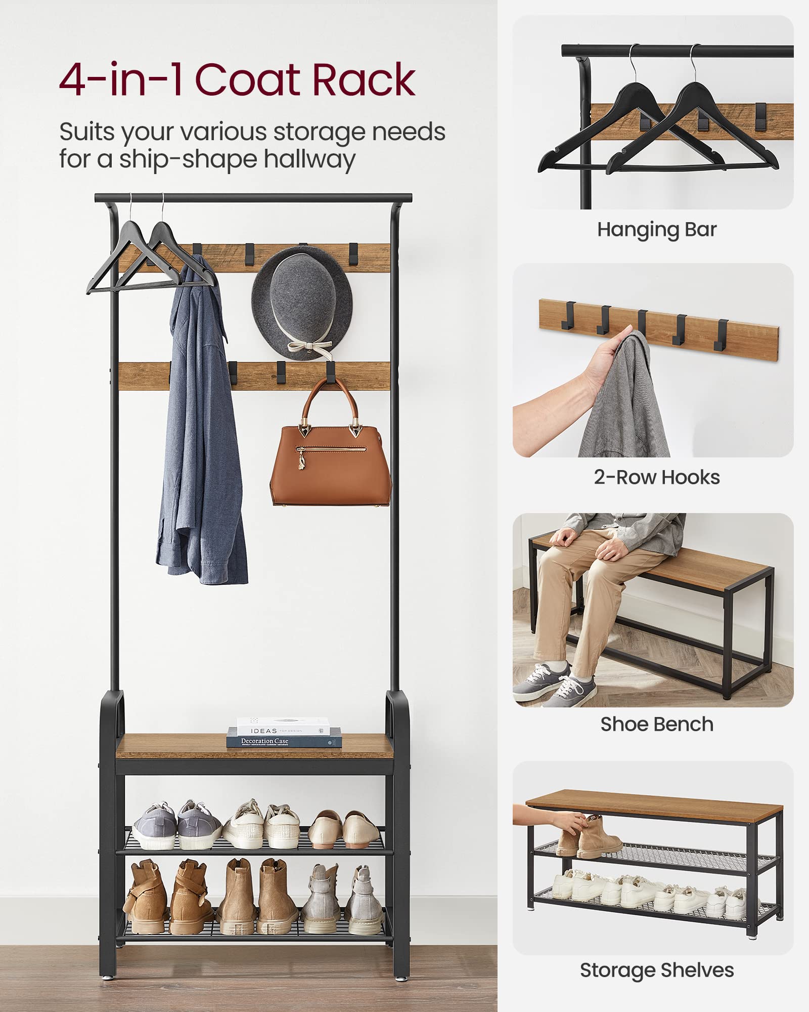 VASAGLE Coat Rack Stand with Shoe Storage Bench | 4-in-1 Design | 9 Removable Hooks | Rustic Walnut & Black 3