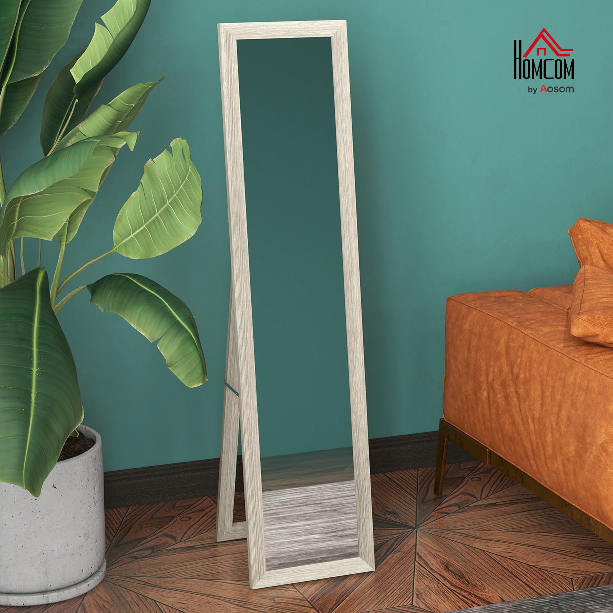 HOMCOM Full Length Floor Mirror - Grey Wood-Effect Frame | 157H x 37W cm | Wall Mount or Stand