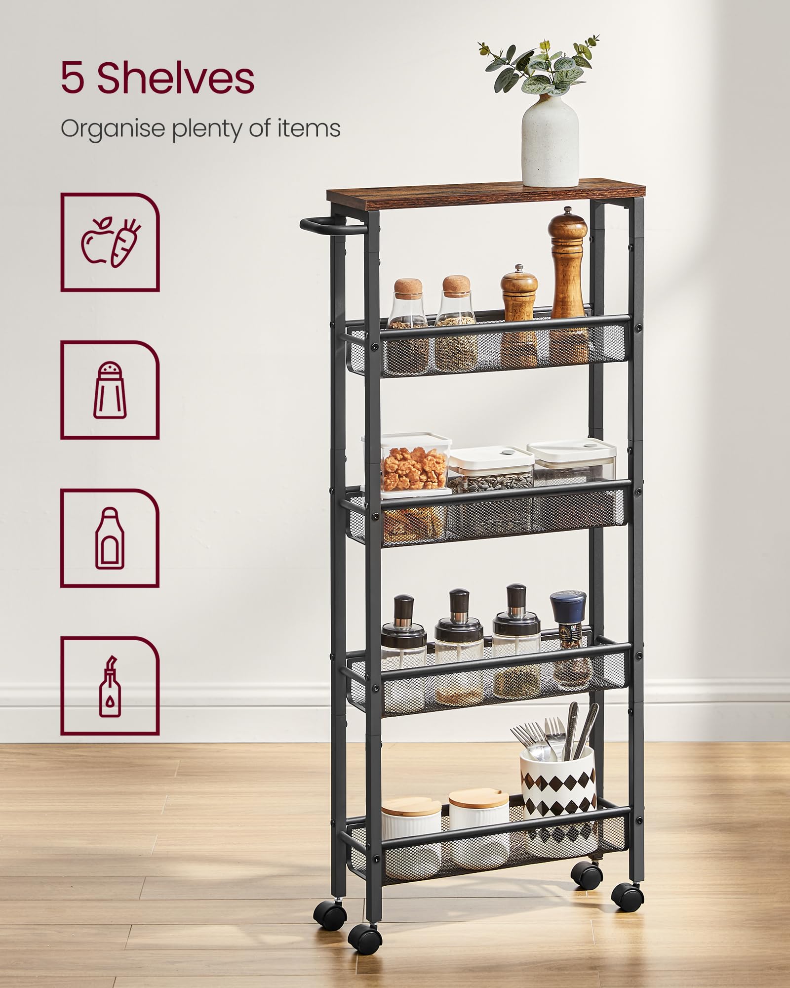 VASAGLE 5-Tier Kitchen Storage Cart with Castors | Slim 13cm Deep | Rustic Brown + Black 4