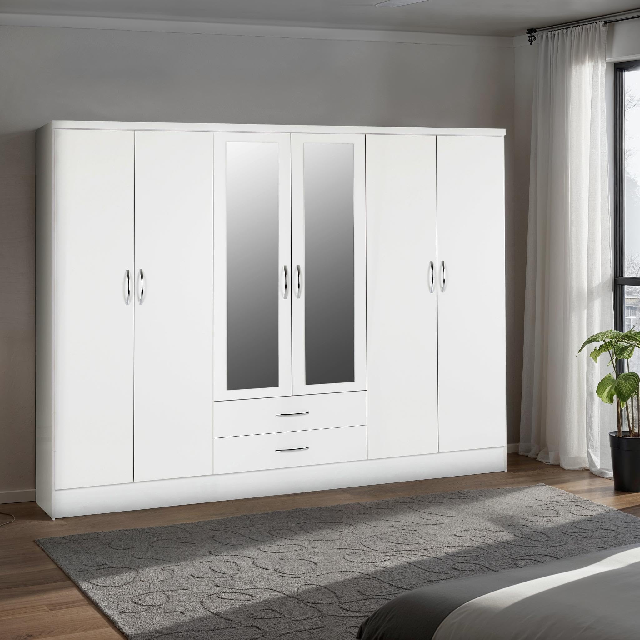 Seconique Nevada 6 Door 2 Drawer Mirrored Wardrobe | White Gloss | W 230cm 2