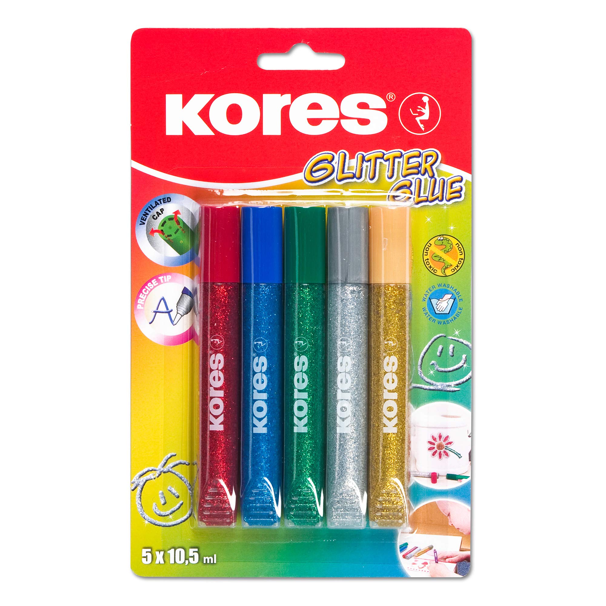 Kores Glitter Glue Pens - 10.5 ml (Pack of 5) | Acid-Free Craft Adhesive 1