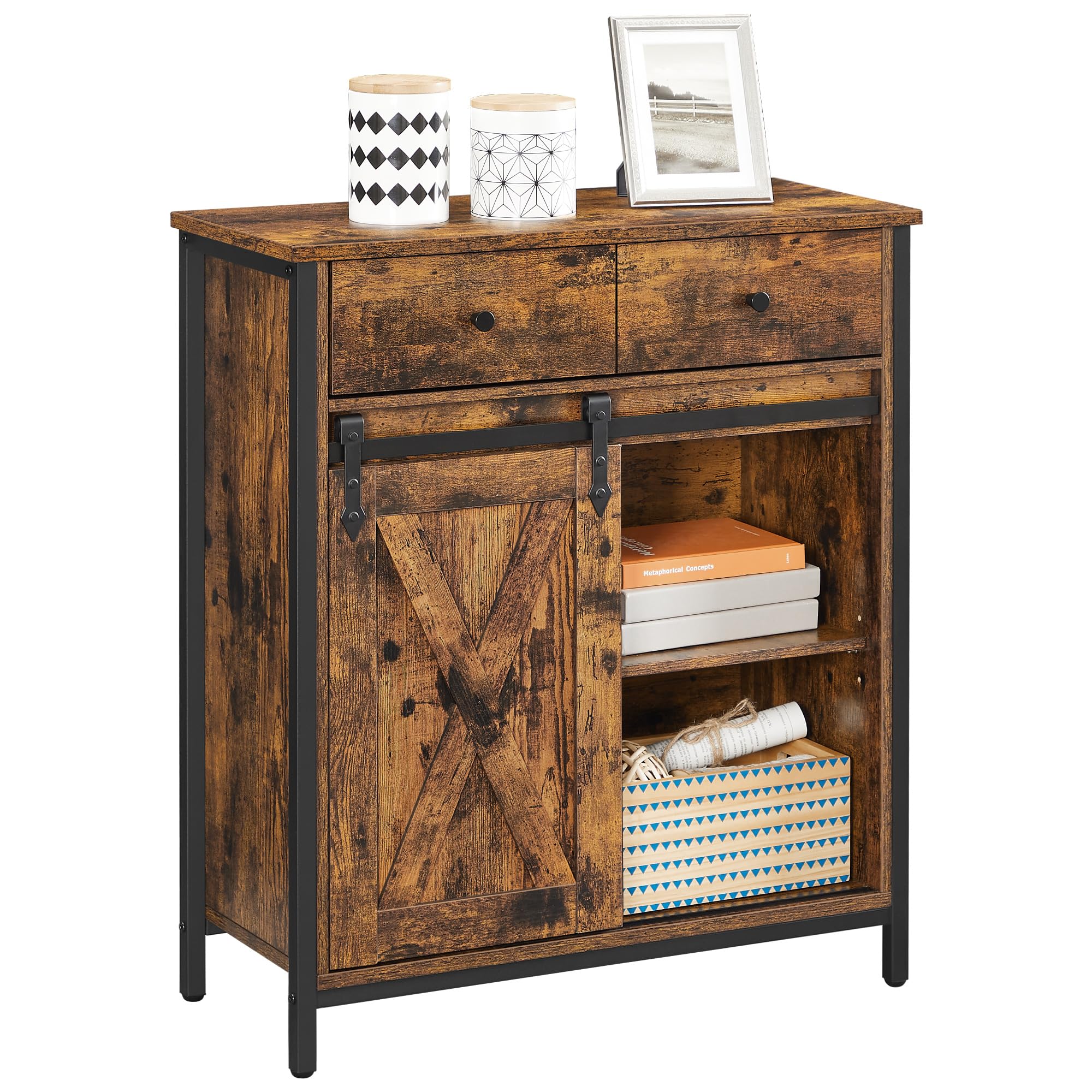 VASAGLE Storage Cabinet - Industrial Rustic Brown Sideboard with Sliding Barn Door | 1 Drawer, Adjustable Shelves