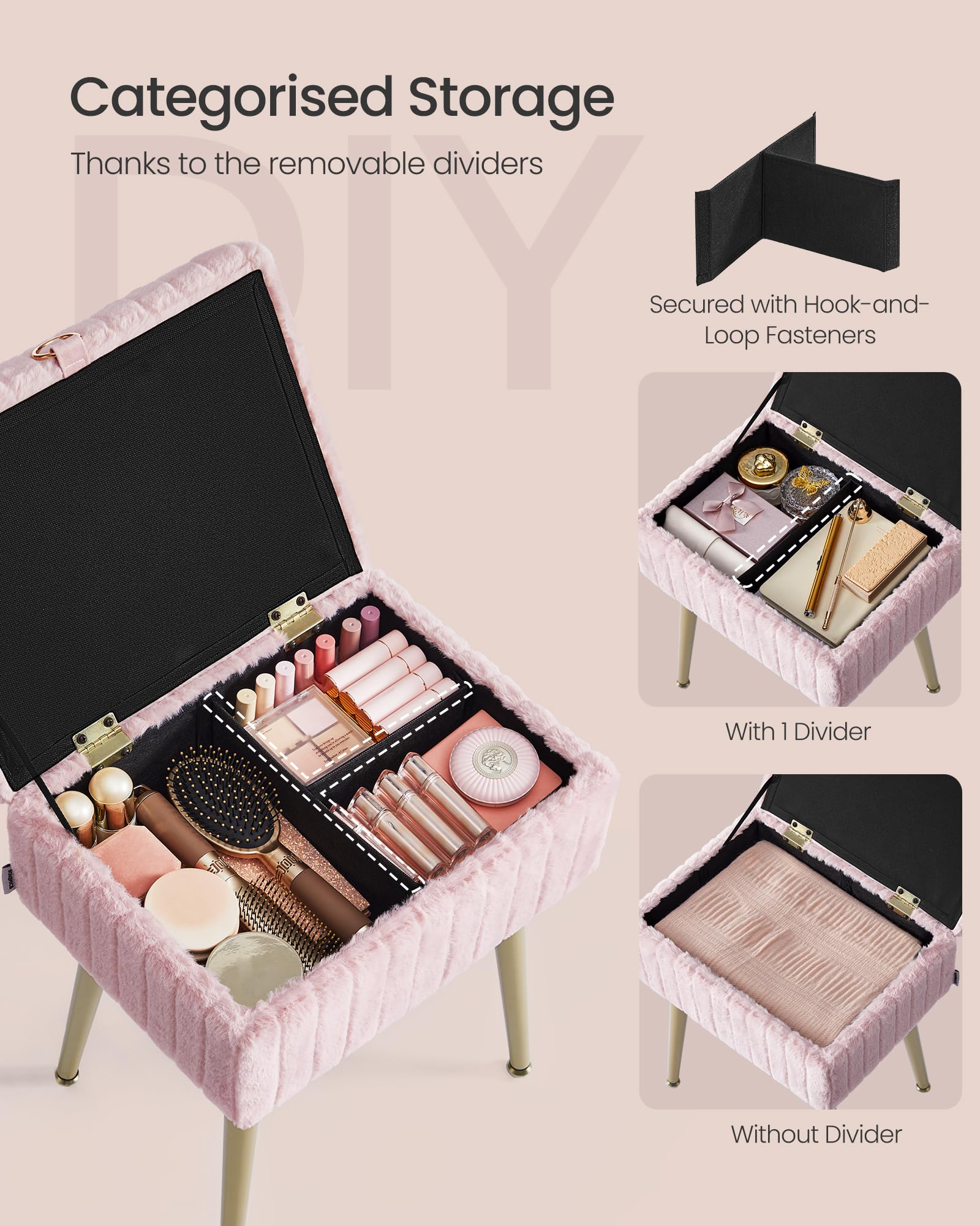 SONGMICS Vanity Stool with Storage - Rectangular, Jelly Pink, Metal Legs | Supports 200 kg 5