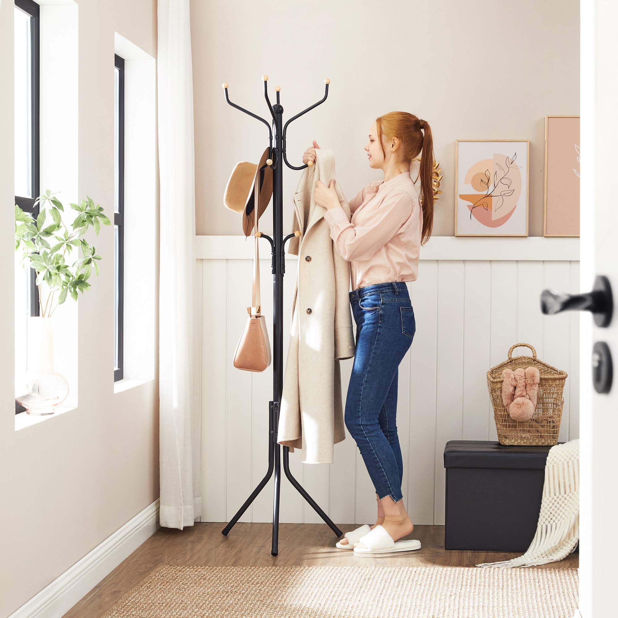 SONGMICS Metal Coat Rack Stand - Modern Tripod Style | 12 Hooks | Black Finish | 182cm Height