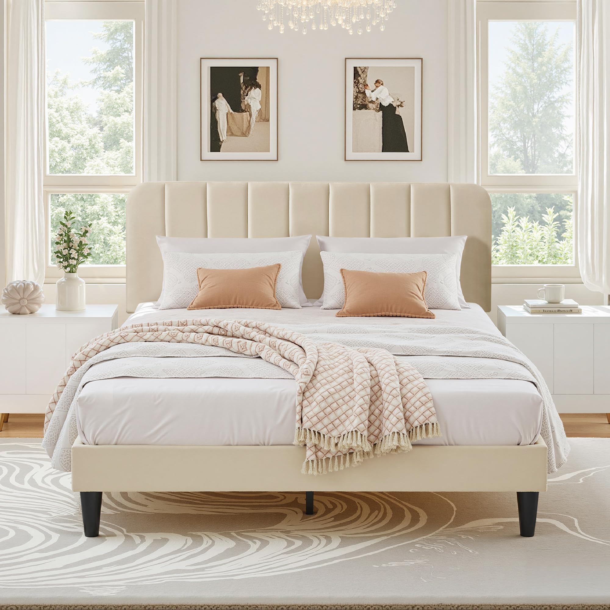 VECELO Upholstered Double Bed Frame 135x190cm Beige Metal Frame Adjustable Headboard Max Load 362kg 1