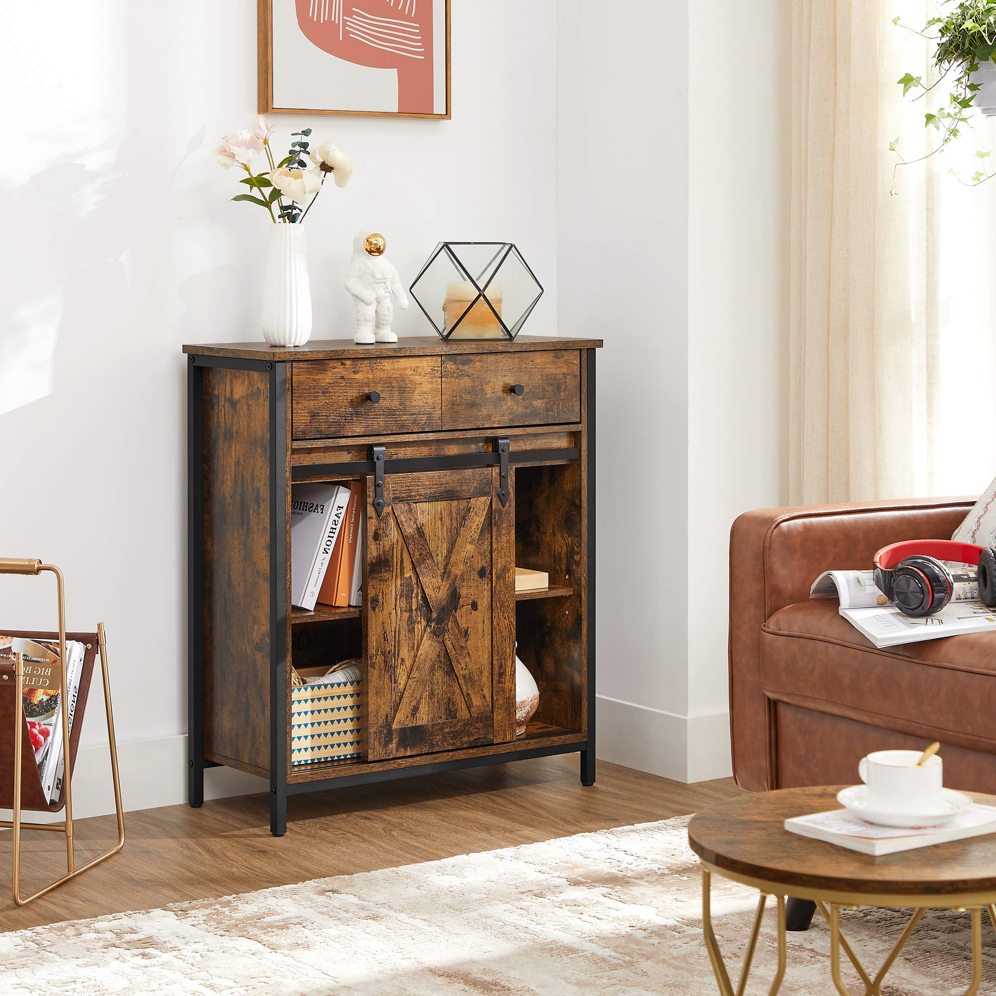 VASAGLE Storage Cabinet - Industrial Rustic Brown Sideboard with Sliding Barn Door | 1 Drawer, Adjustable Shelves 4