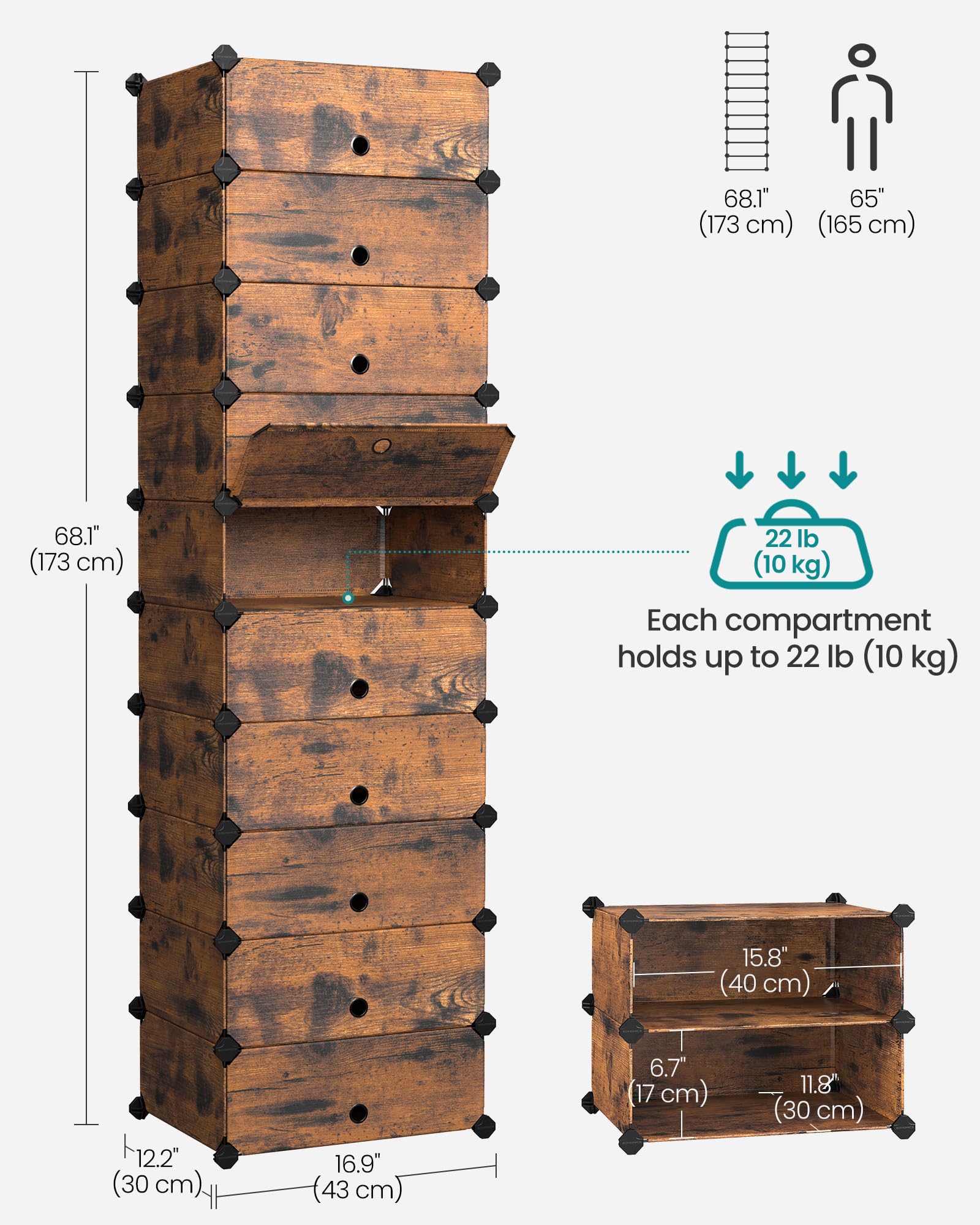 SONGMICS Interlocking Shoe Rack - Modular DIY Storage for 20-30 Pairs | 10 Slots | Rustic Brown 3