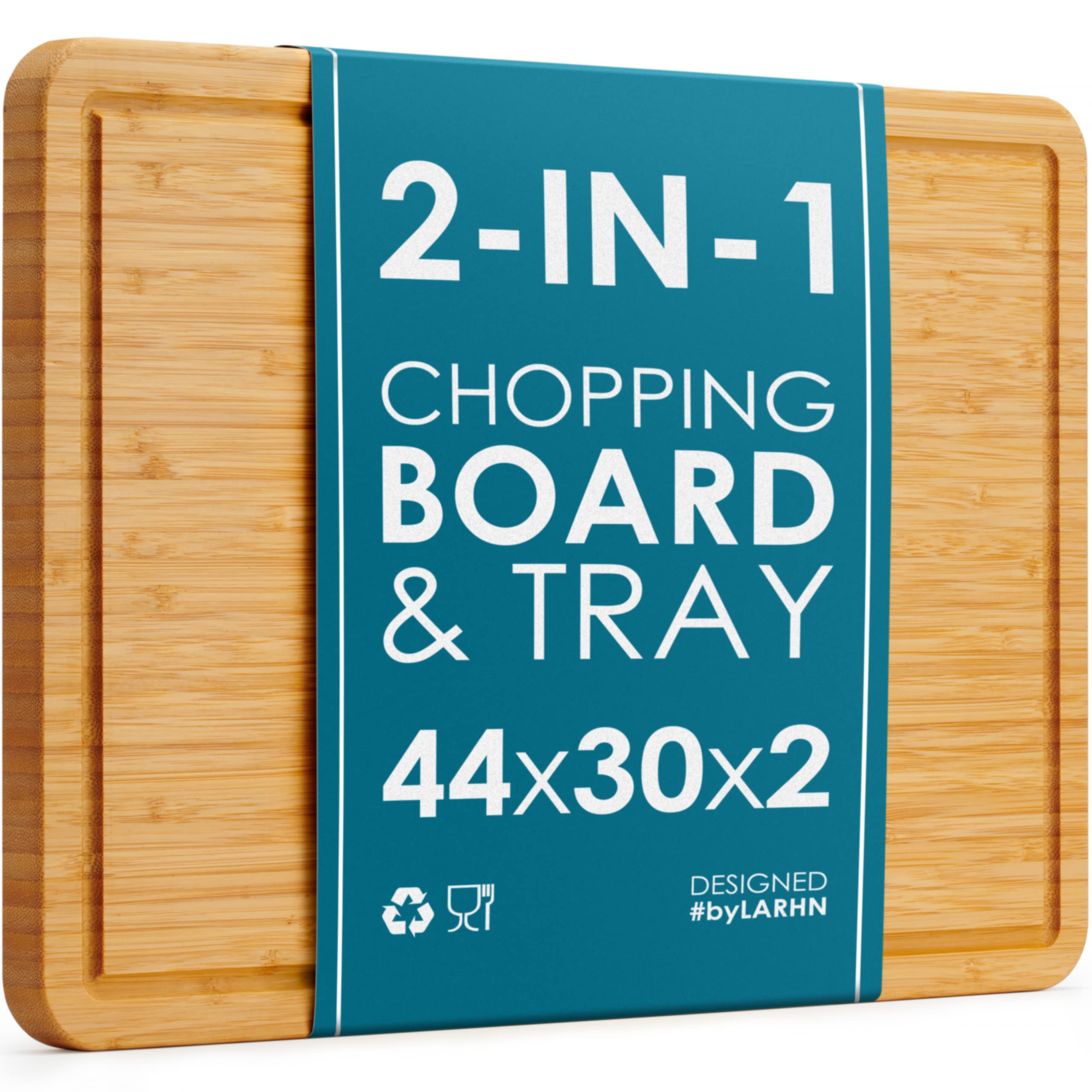 LARHN Premium Organic 2-in-1 Extra-Large Bamboo Chopping Board & Serving Tray | 44x30x2cm | Reversible with Juice Groove