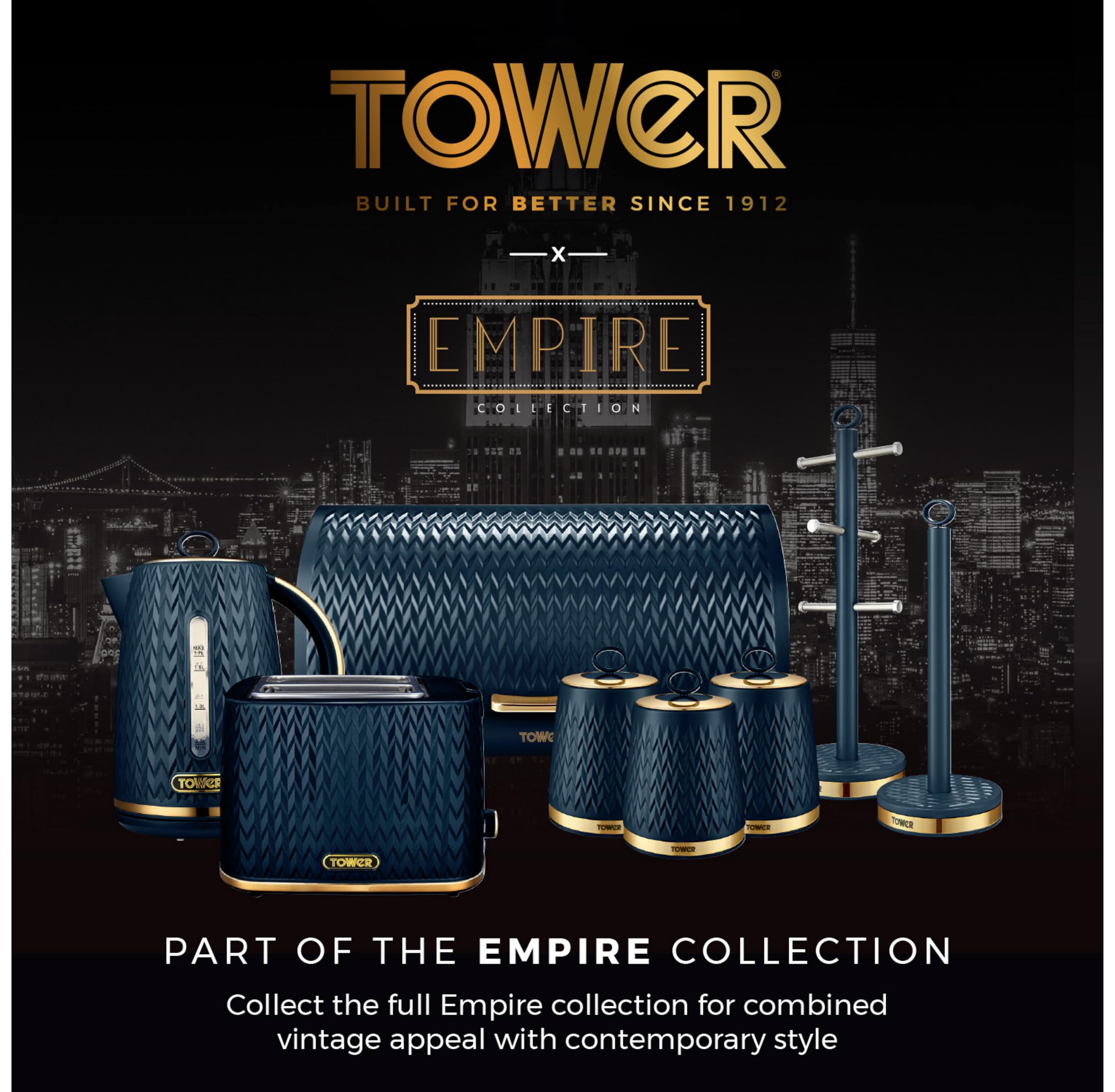 Tower Empire Roll Top Bread Bin - Art Deco Design | Stainless Steel | Midnight Blue & Brass 6