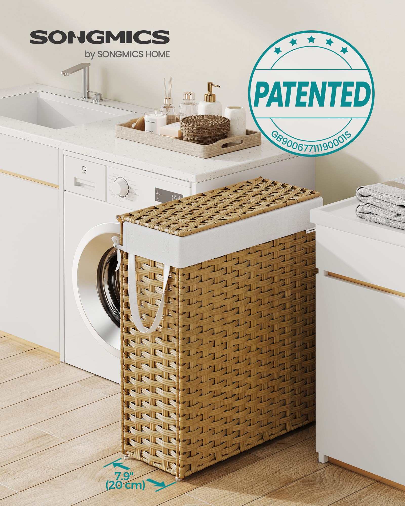 SONGMICS Slim Laundry Basket - 55L Synthetic Rattan Storage with Lid & Handles | Foldable | Goose Yellow 3