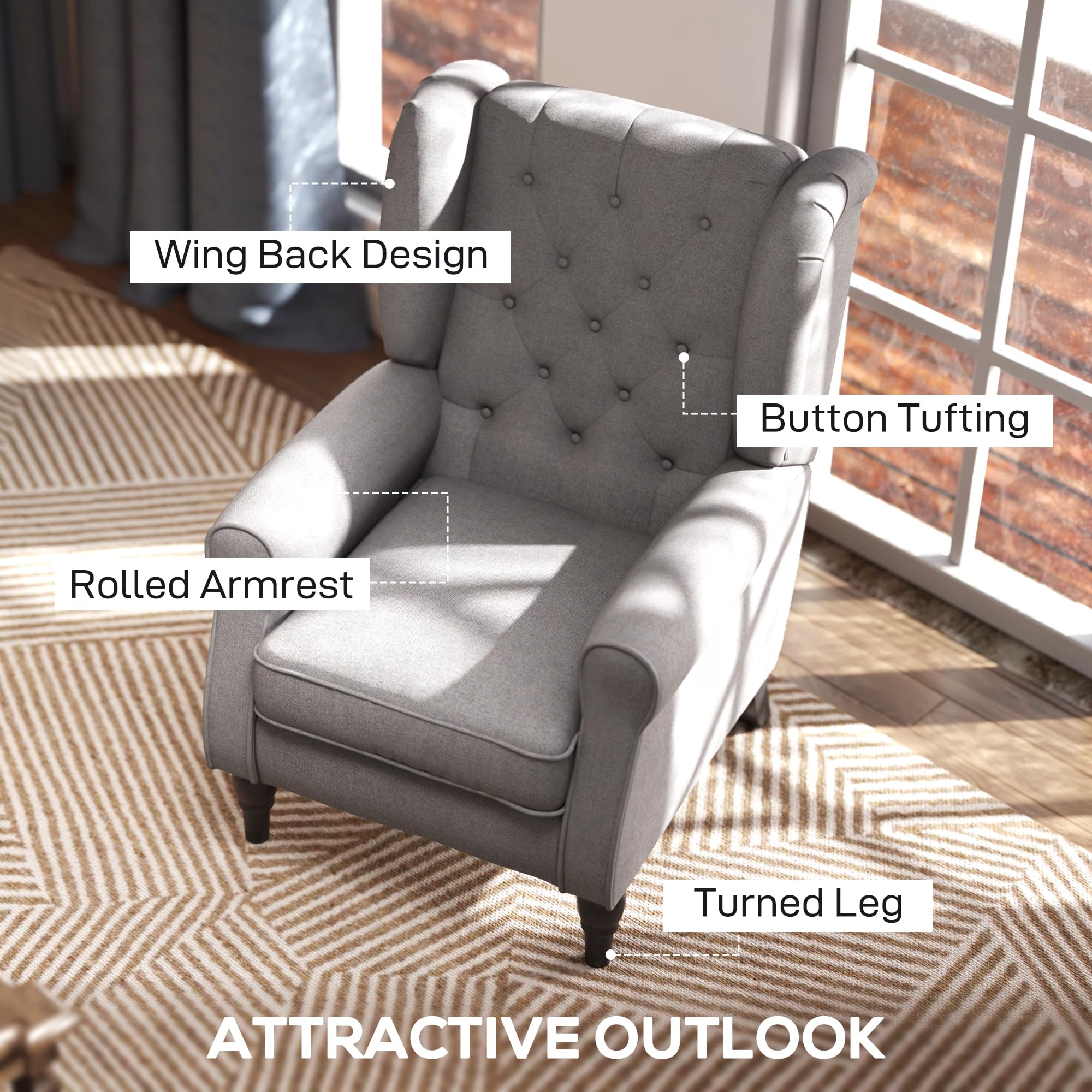 HOMCOM Retro Wingback Armchair - Grey Linen Upholstery | Button Tufted | Supports 160kg 4