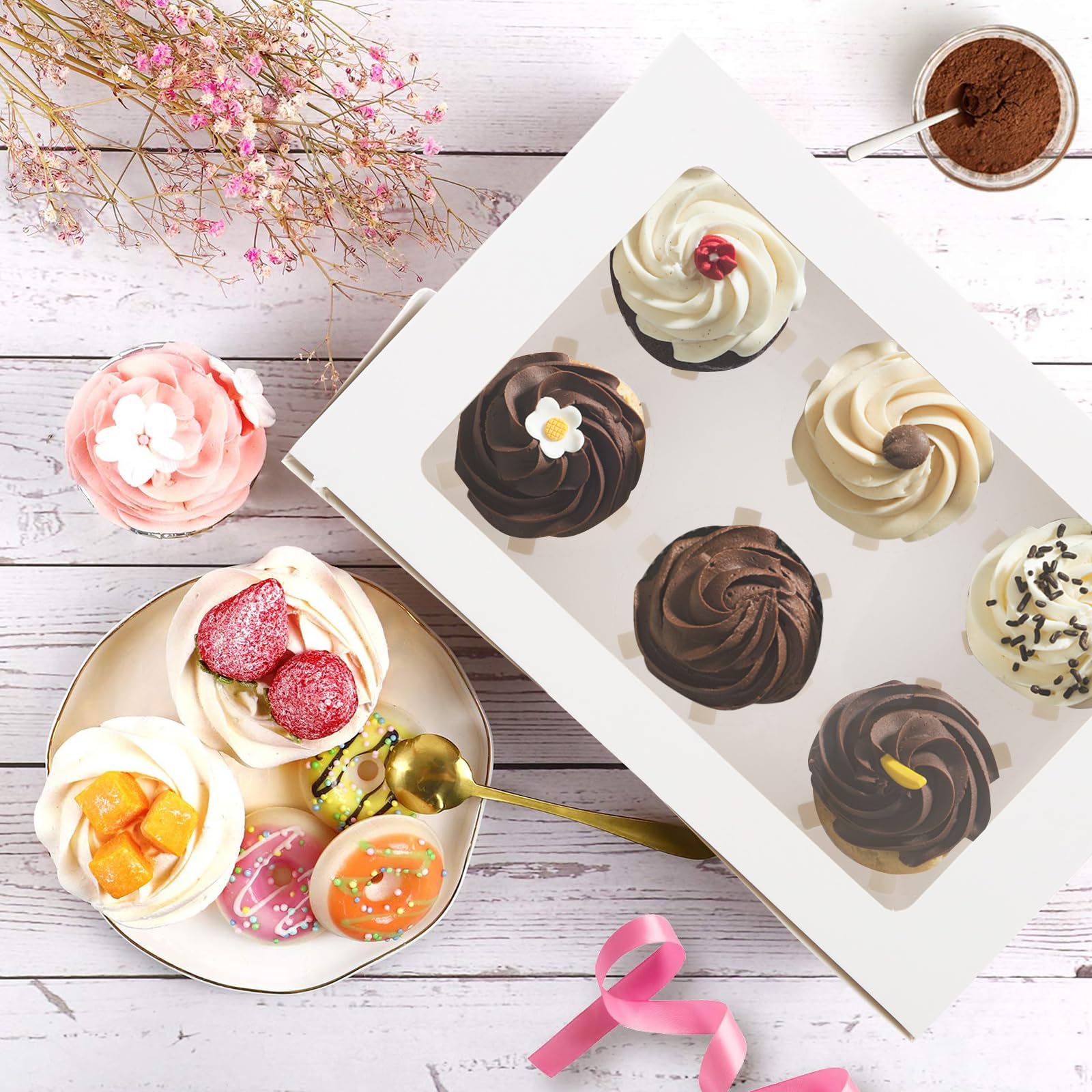 ASelected 10 Pcs 6 Hole Cupcake Boxes with Windows | White Cardboard Carrier | 15.5cm x 6cm x 24cm 6