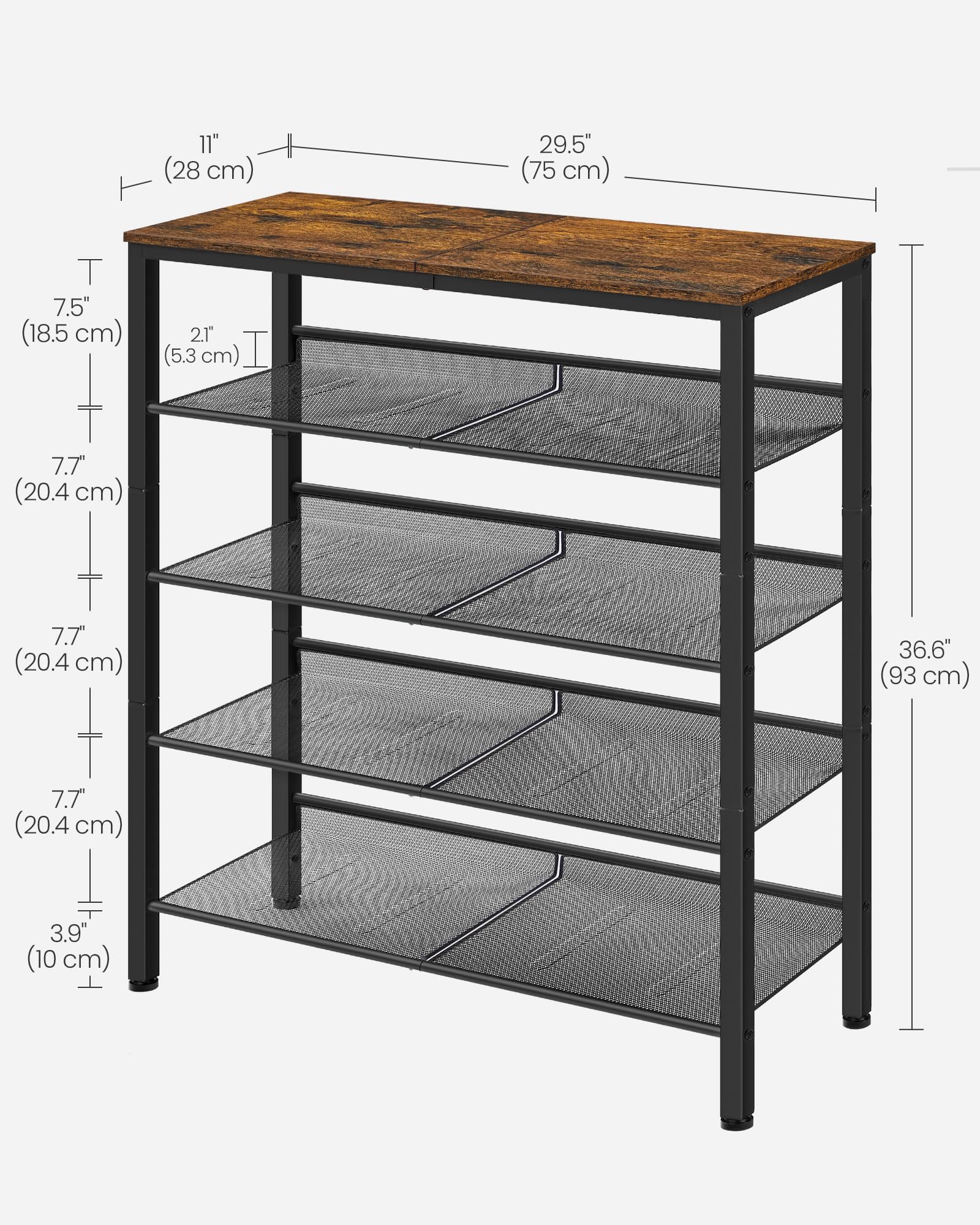VASAGLE 5-Layer Shoe Rack - Rustic Industrial Design | 20-25 Pair Capacity | 93cm Height 3