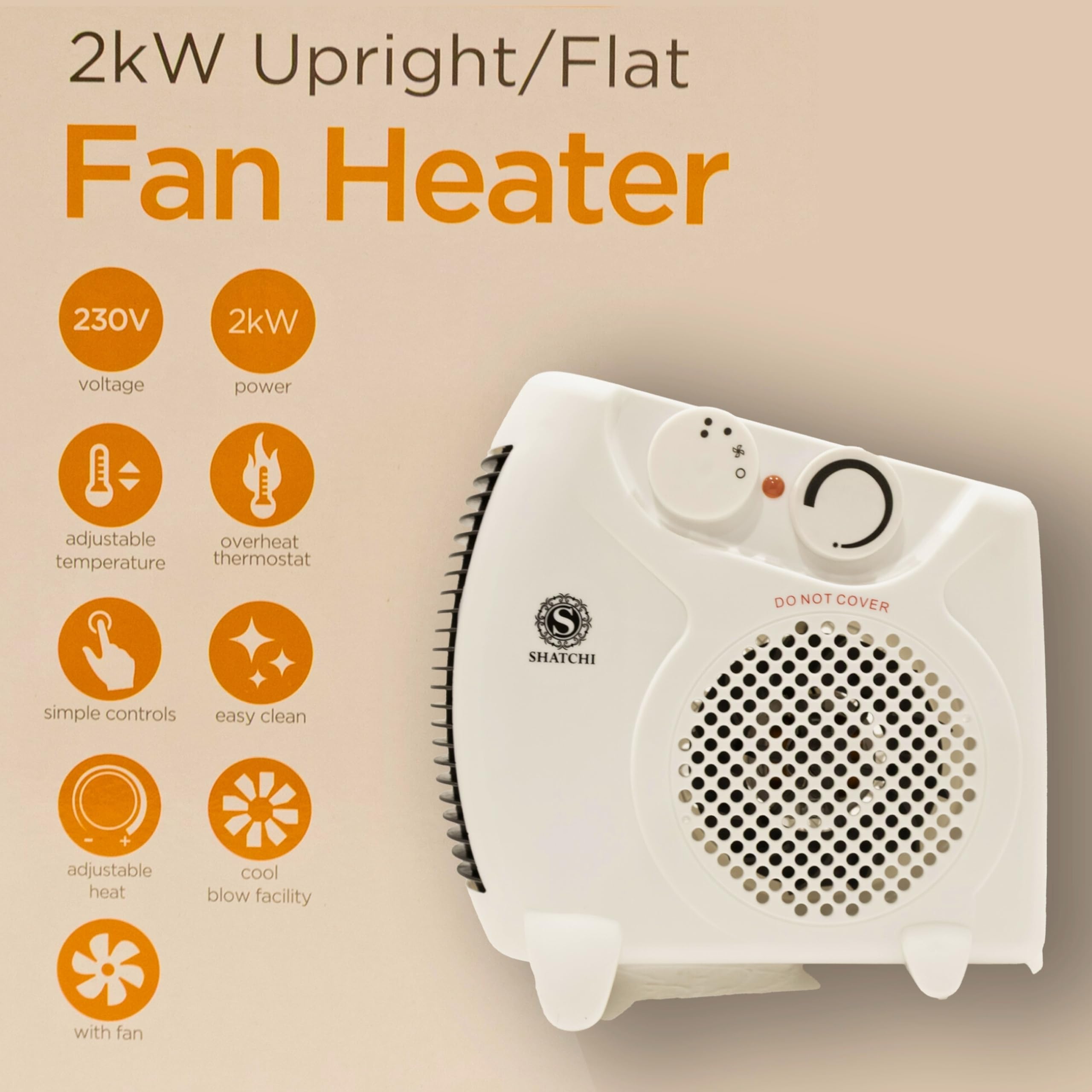SHATCHI 2000W Upright & Flat Fan Heater | 2 Heat Settings | Adjustable Thermostat | Portable 5