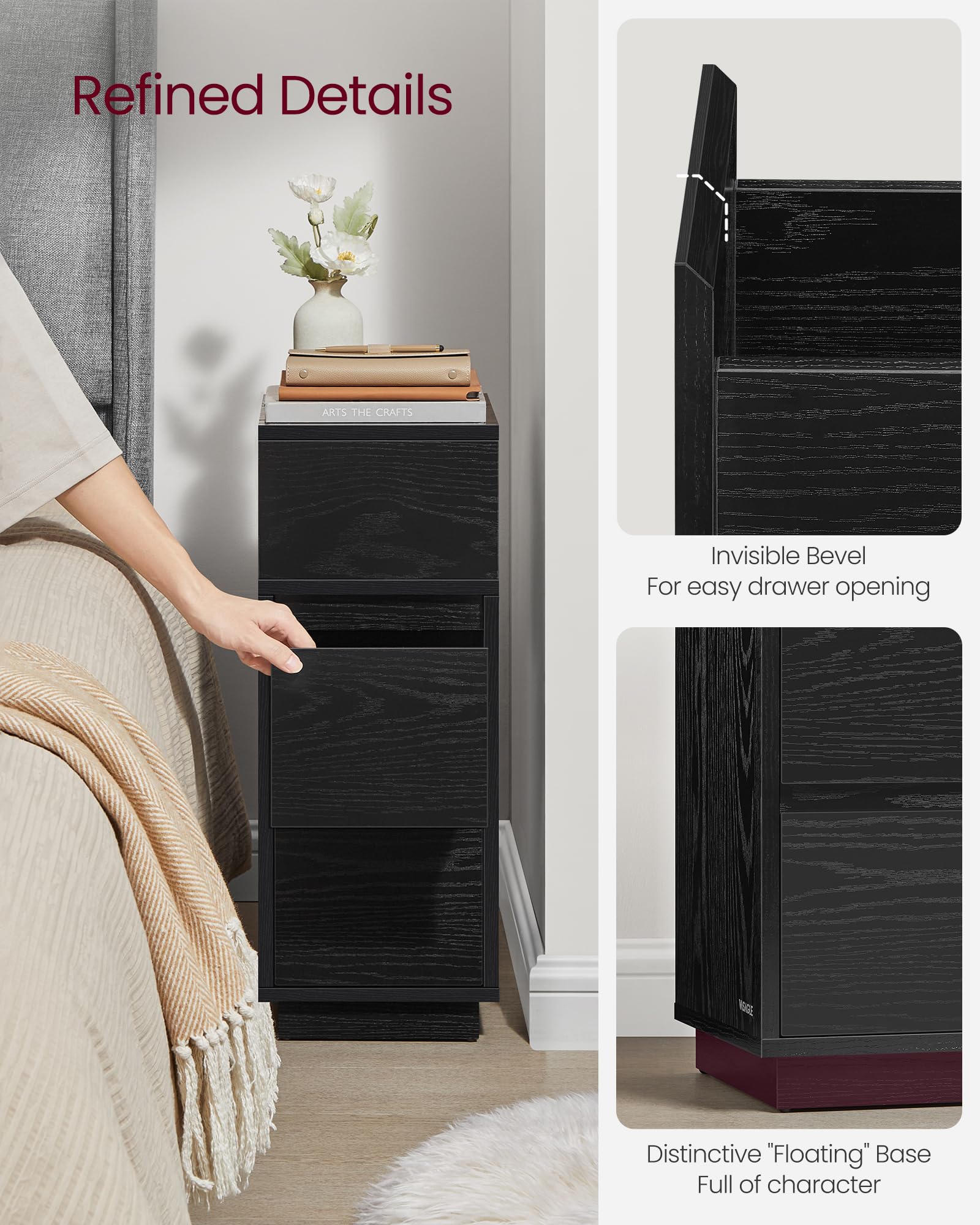 VASAGLE KAILYN Slim Bedside Table - Ebony Black | 30x25x65 cm | 2 Drawers 6