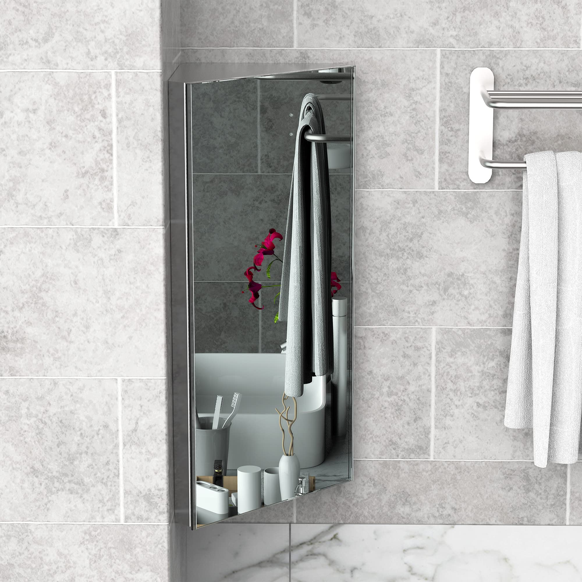 HOMCOM Wall Mount Corner Mirror Cabinet - Stainless Steel | 3 Shelves | Space Saving