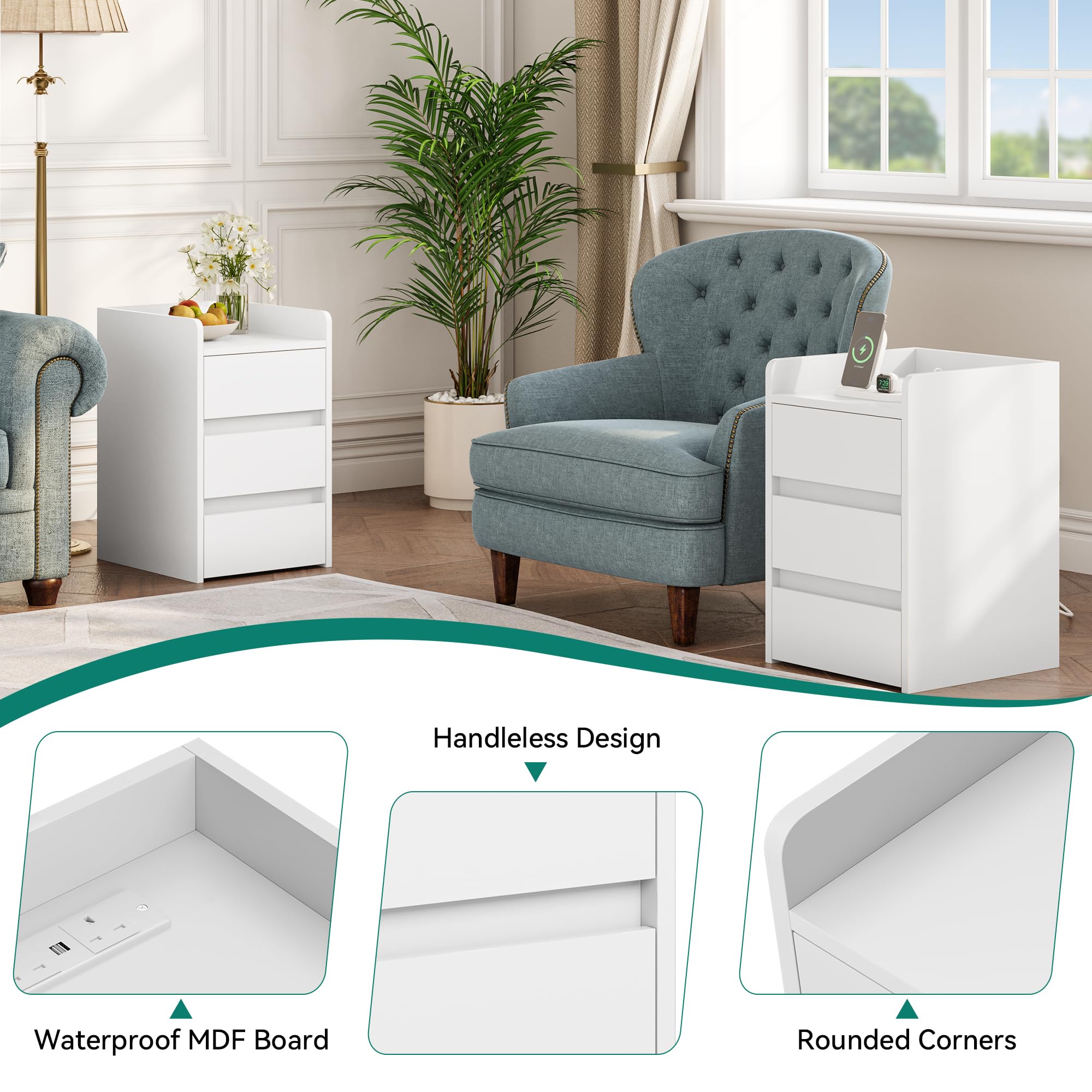 YITAHOME Bedside Table with 3 Drawers and Built-in Power Station | White Engineered Wood | 35x40x59cm 5
