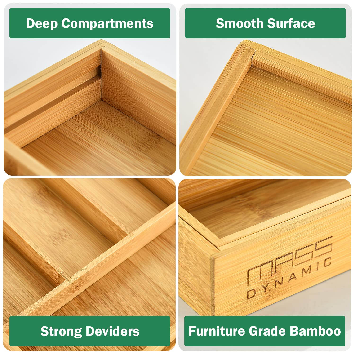 MASS DYNAMIC Expandable Bamboo Cutlery Drawer Organizer | Adjustable 5-7 Compartments | Waterproof 6
