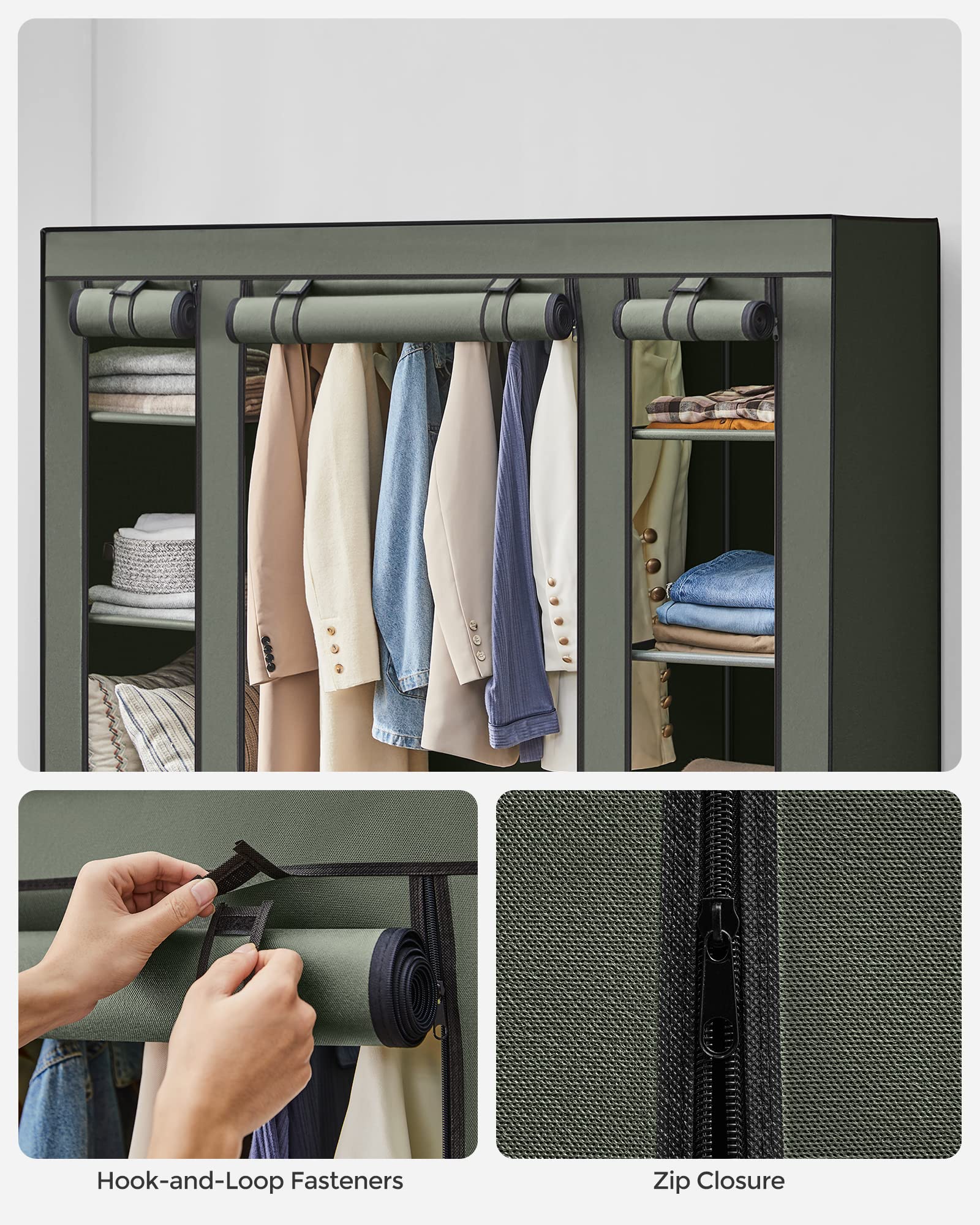 SONGMICS Portable Fabric Wardrobe - 45 x 150 x 175 cm | 15 kg Rail Capacity | Sage Green 8