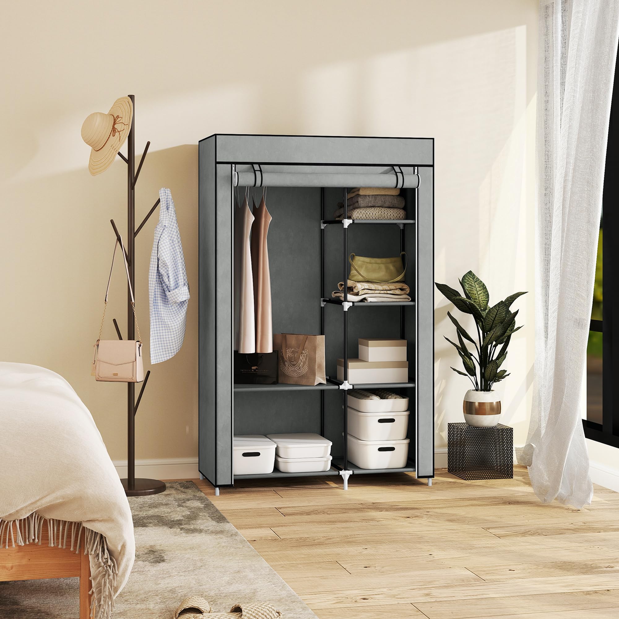 HOMCOM Portable Foldable Closet with 6 Shelves and Hanging Rail | Light Grey | 103W x 43D x 162.5H cm 8