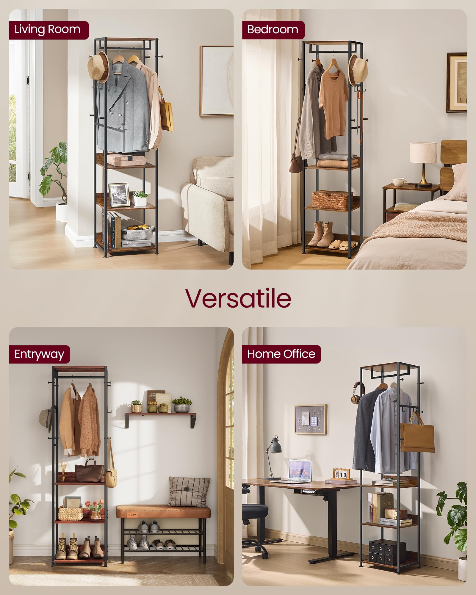 VASAGLE Clothes Rack Stand - Hanging Rail, 4 Shelves, Hooks | Ink Black + Rustic Brown 6