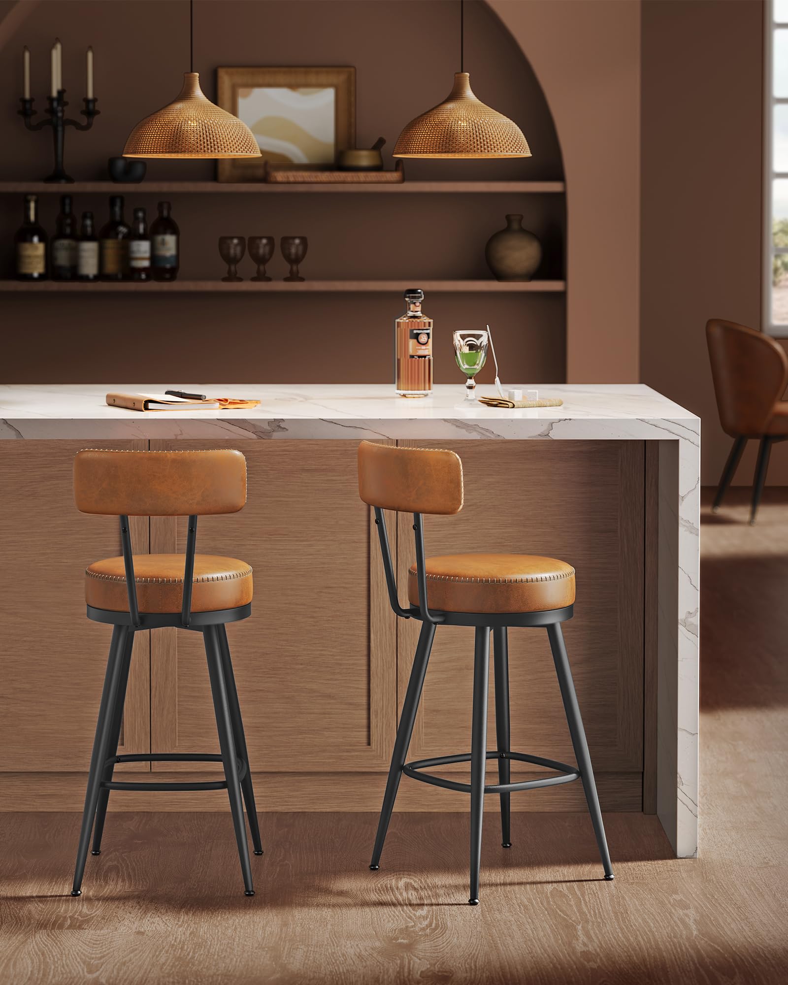 VASAGLE EKHO Collection Bar Stools - Set of 2 Swivel Counter Chairs | Caramel Brown | 54x54x91 cm 2