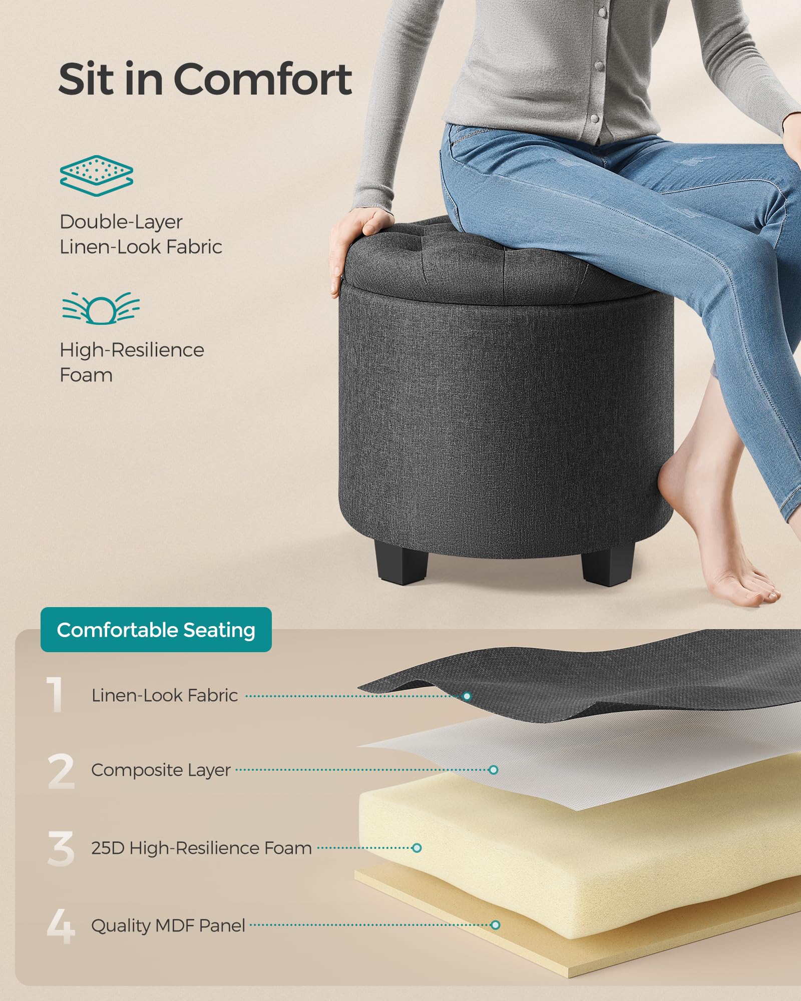 SONGMICS Round Storage Ottoman - Dark Grey Linen-Look | Supports 150 kg | 45 x 45 x 44.5 cm 5