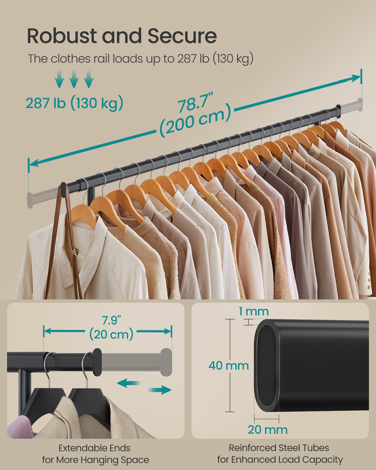 SONGMICS Heavy Duty Clothes Rack on Wheels - Extendable Rail, 150 kg Capacity | Black 3