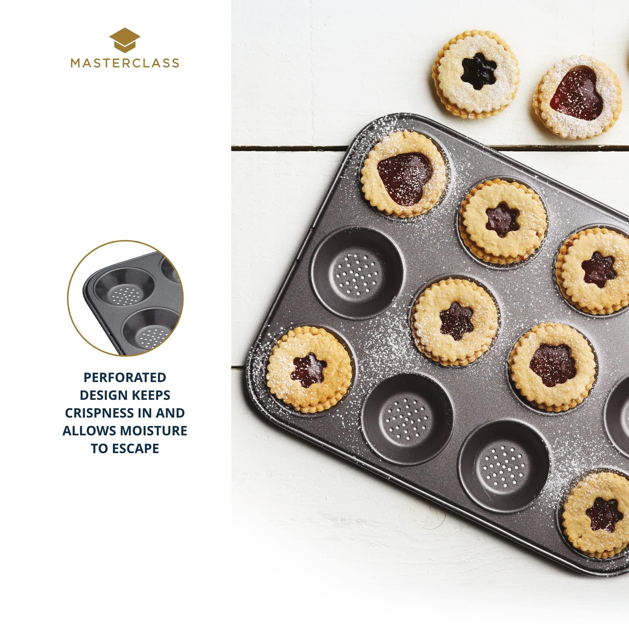 MasterClass KCMCCB29 Crusty Bake Perforated Mince Pie Tray | 12 Holes | 32 x 24cm | Carbon Steel 3