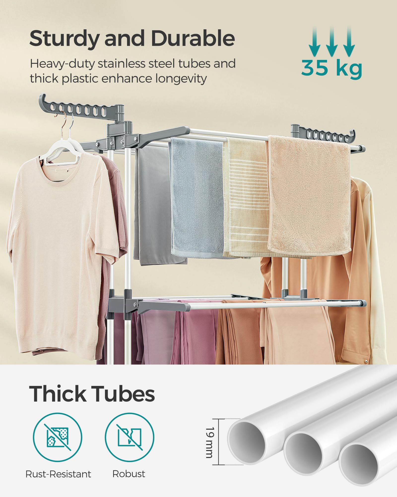 SONGMICS Large Clothes Drying Rack - 4-Tier Foldable Airer | 35kg Capacity | Stainless Steel & Plastic 4