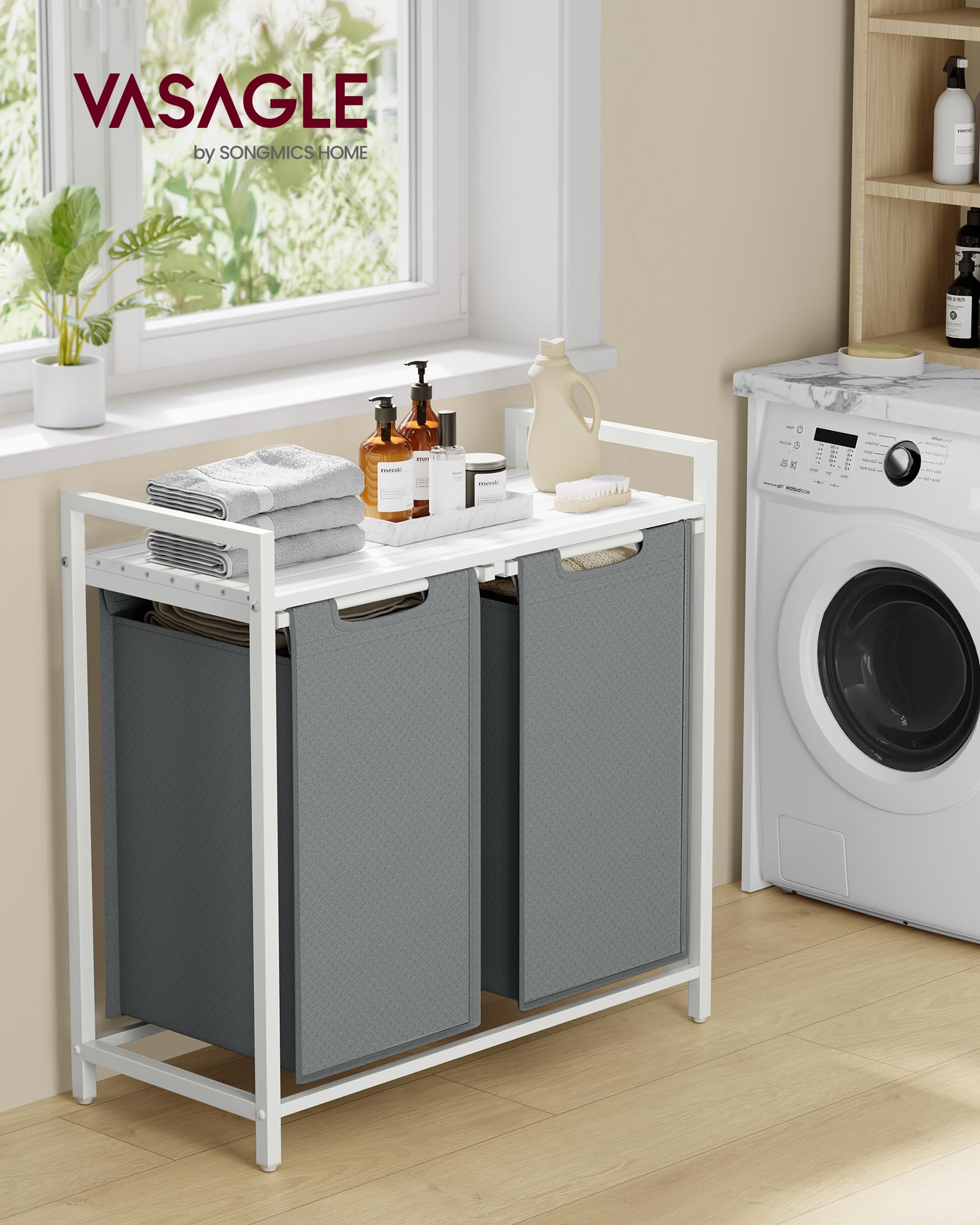 VASAGLE Laundry Basket - 2-Compartment Hamper with Shelf | 92 L Capacity | White & Light Grey 2