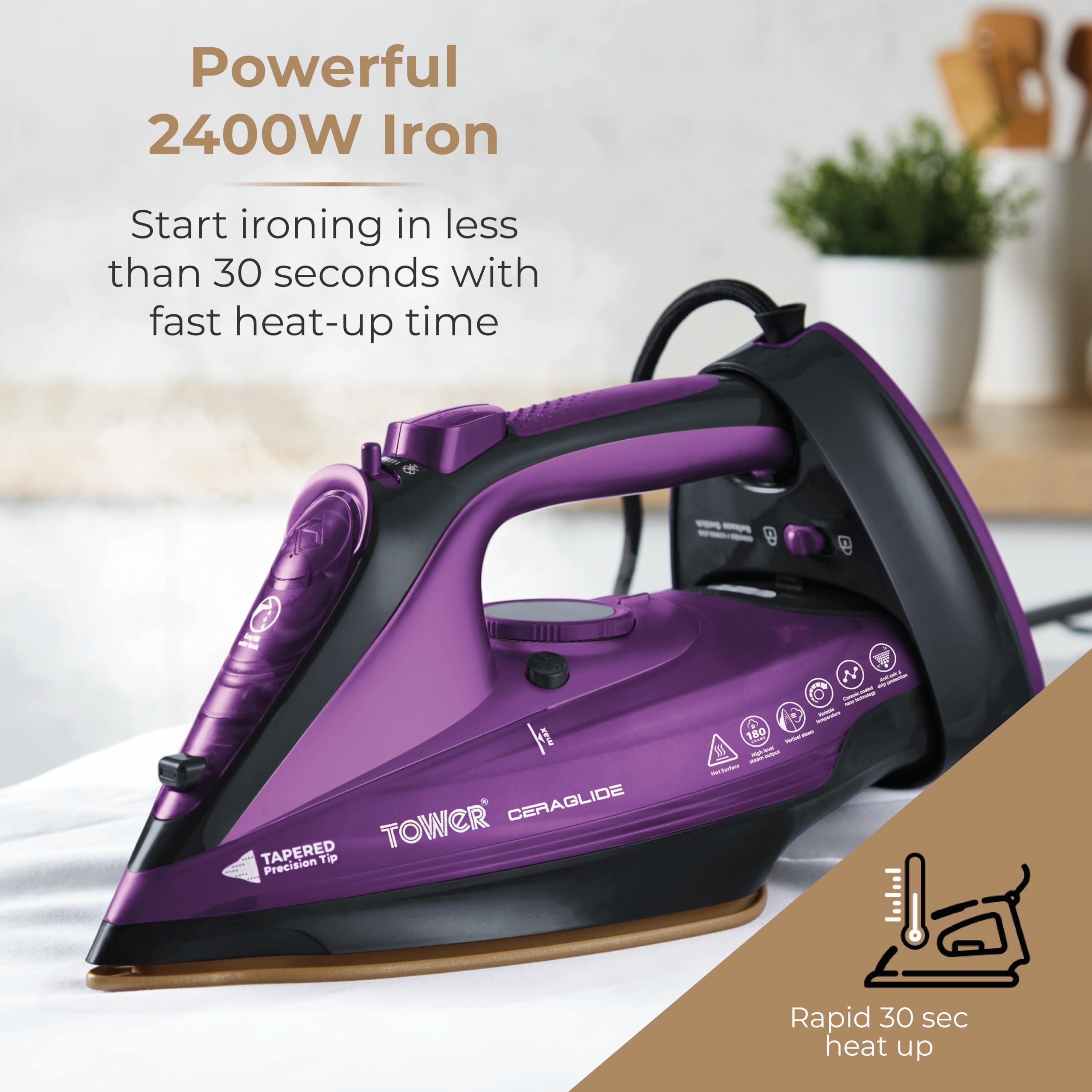 Tower T22008 CeraGlide Cordless Steam Iron - 2400W Power | Ceramic Soleplate | Cordless/Corded Use 6