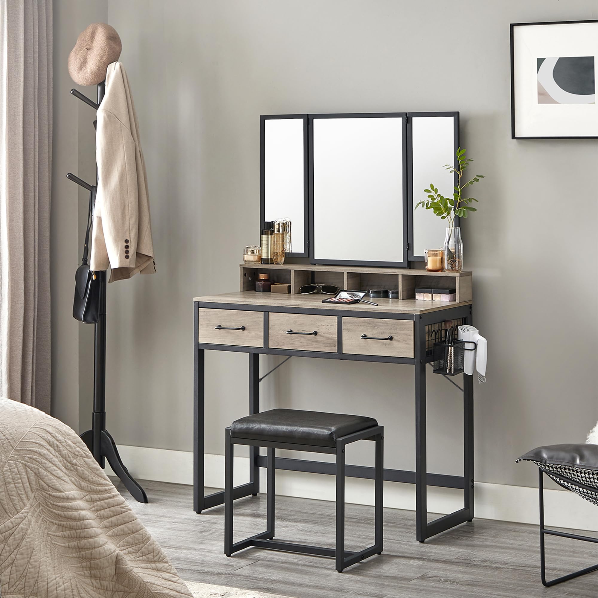 VASAGLE Industrial Design Dressing Table with 3-Piece Folding Mirror and Padded Stool | 3 Drawers | Greige/Black 1