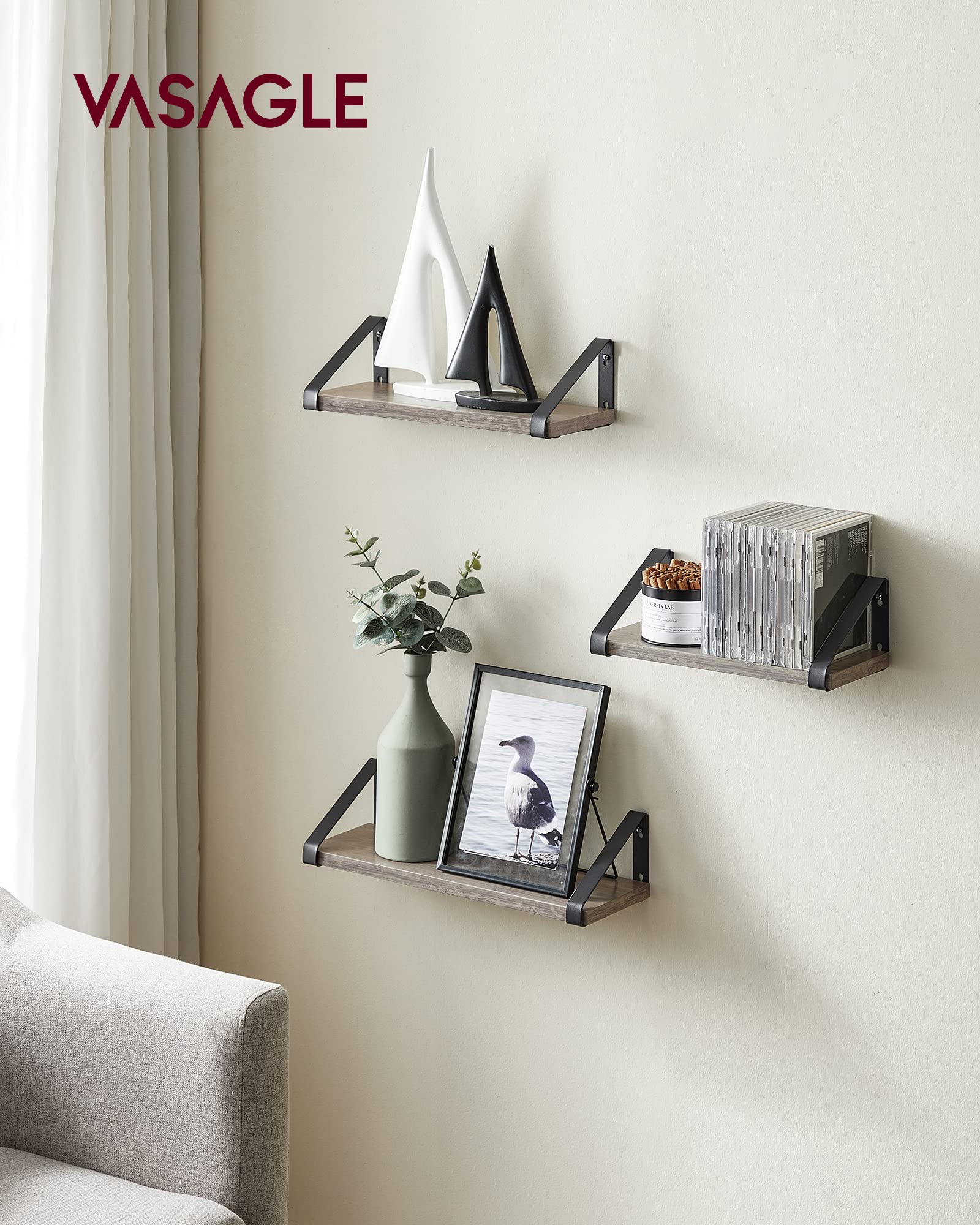 VASAGLE Floating Wall Shelves - Set of 3 Display Shelves | Heather Greige & Matte Black | Max 10 kg Capacity Each 2